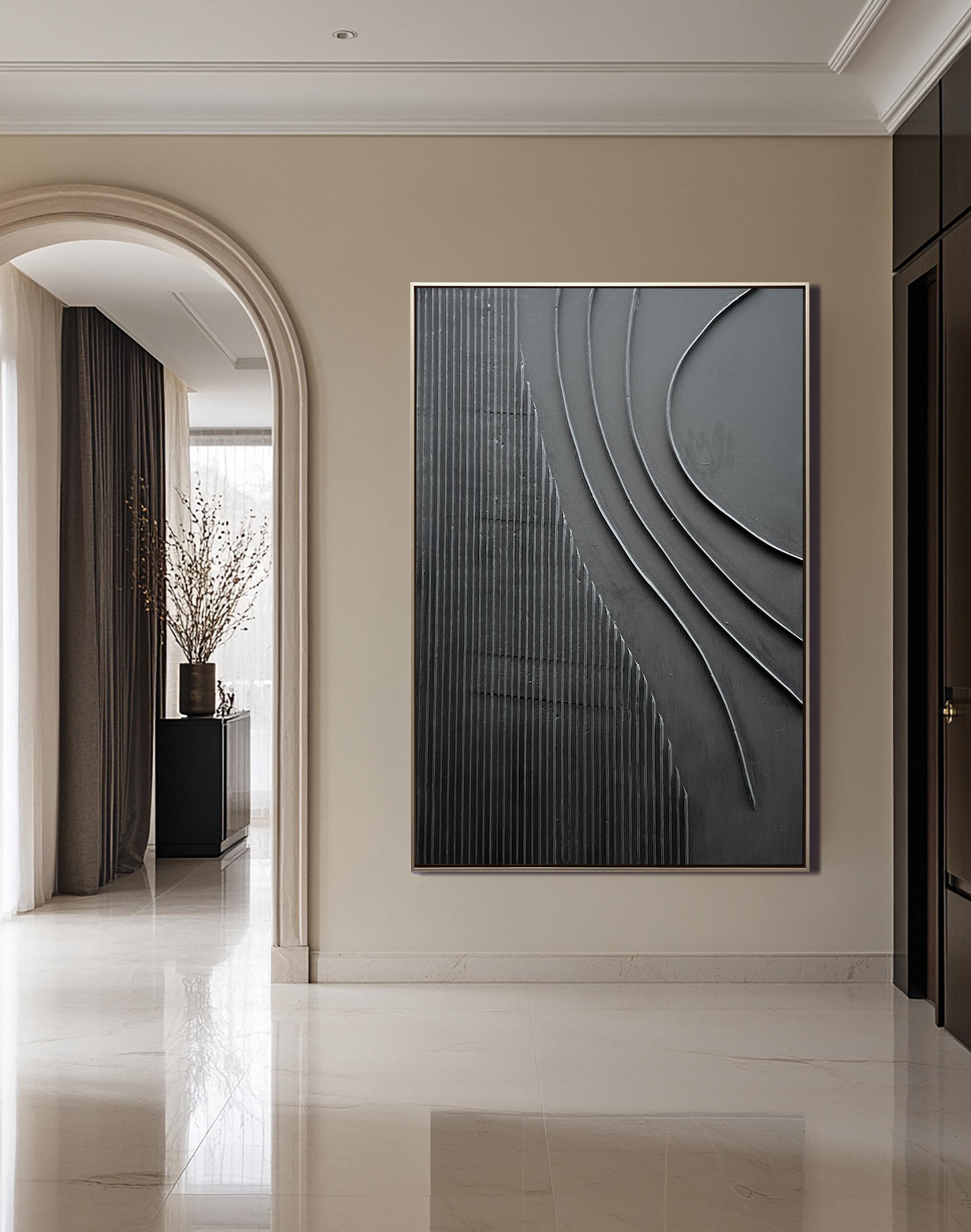 Obsidian Flow – Minimalist Wave Relief Modern Painting | Bold Minimalist Bedroom & Home Office Art