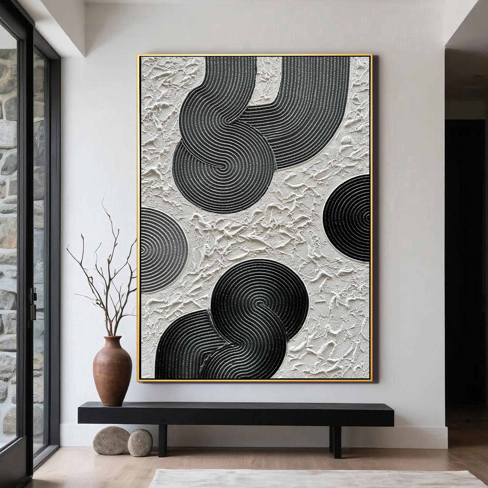 Zen Circles – Minimalist Black & White Sculptural Wabi-Sabi Painting | Modern Noir Wabi-Sabi Living Room & Home Office Art