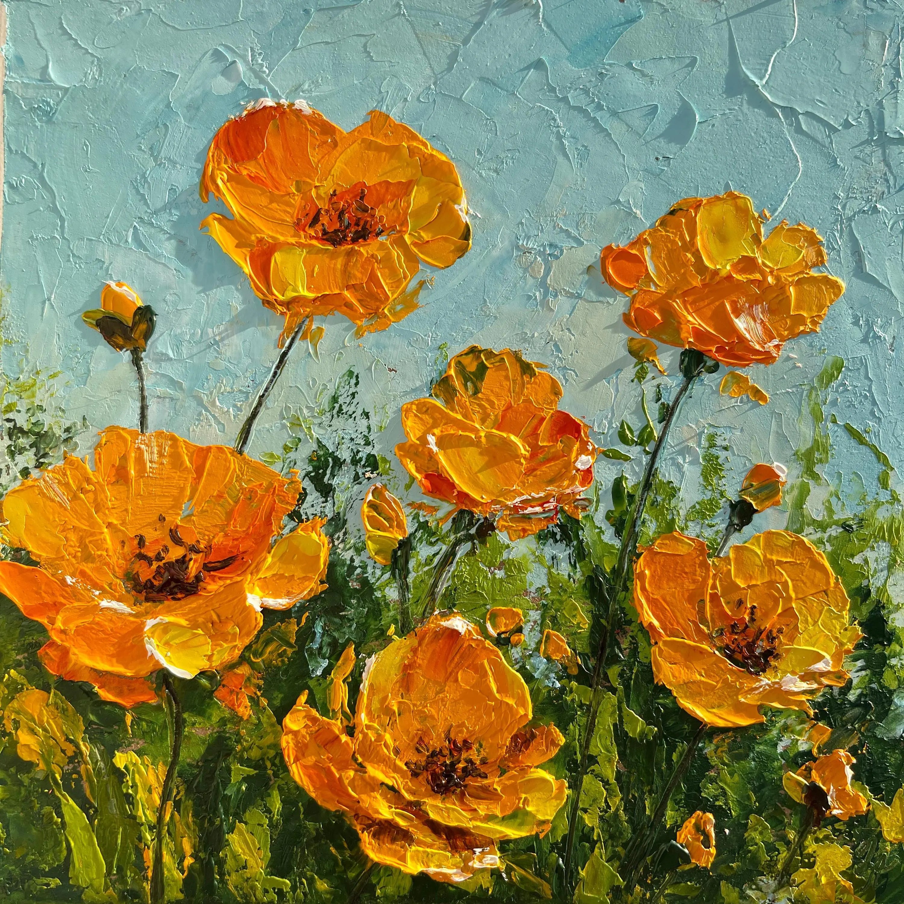 Amber Sunshine – Modern Impasto Orange Floral Oil Painting | Creative Textured Wildflower Hallway Art