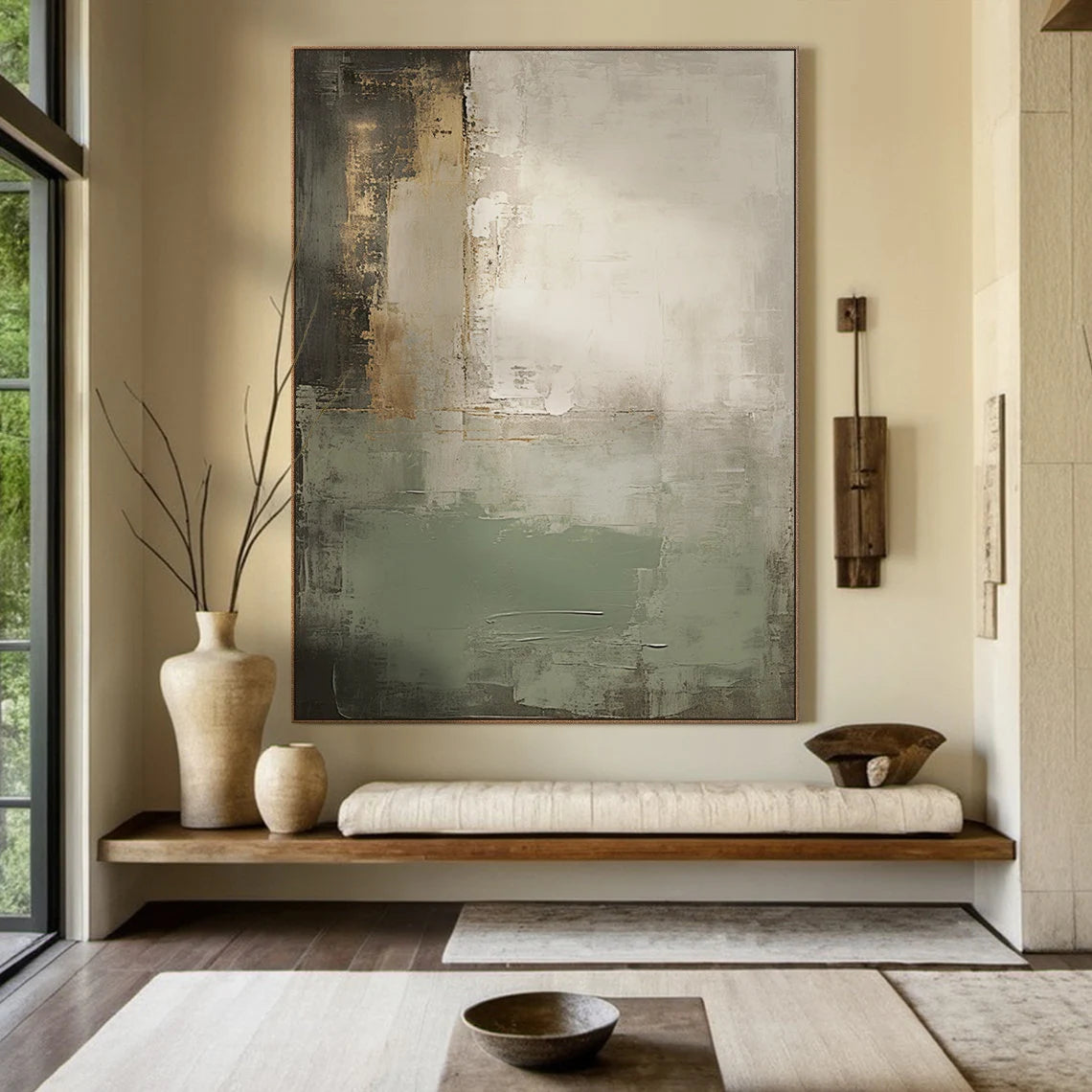 Olive Strata – Hand-Painted Military Green Distressed Plaster Effect Abstract Painting | Japandi Wabi-Sabi Living Room & Bedroom Art