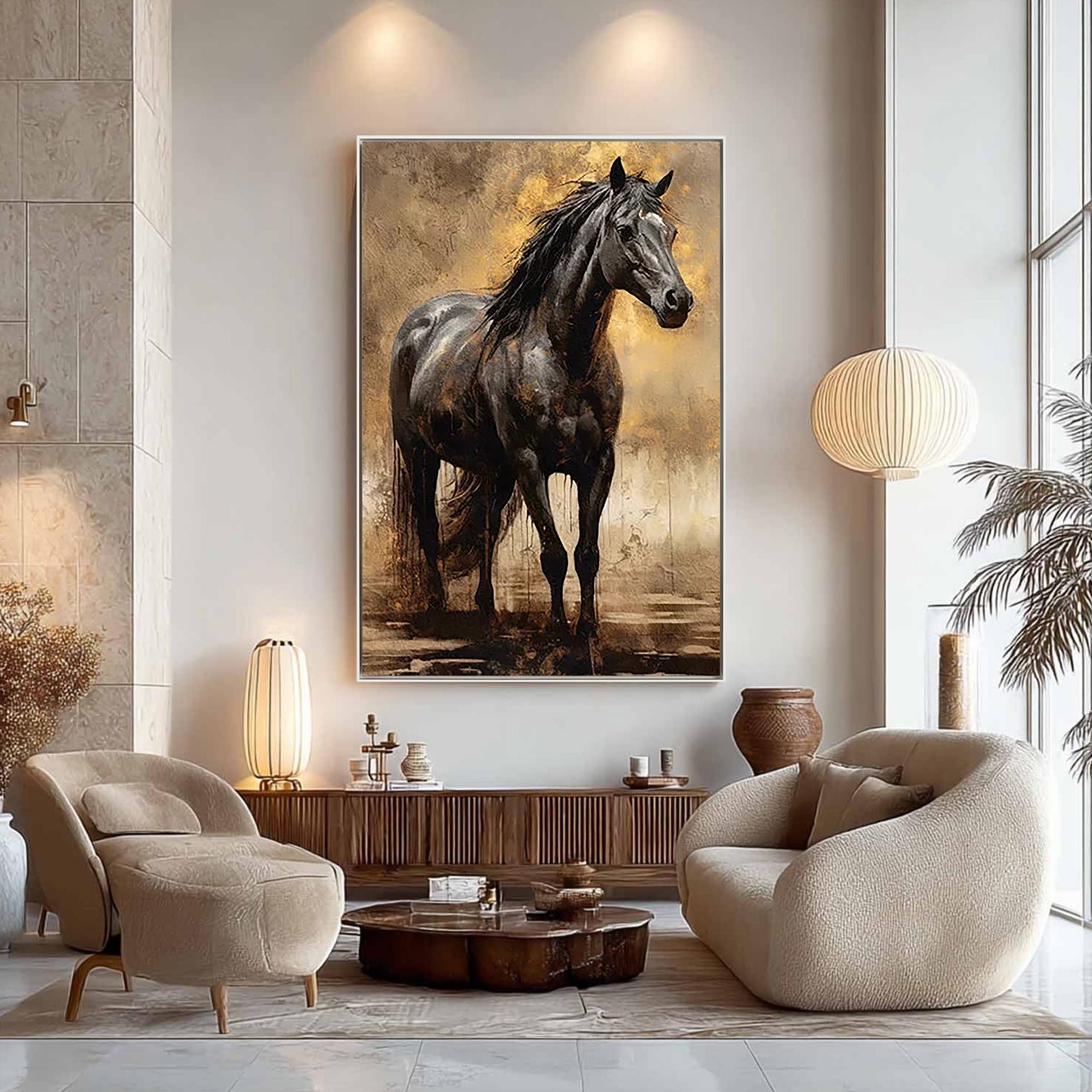 The Obsidian Knight – Realistic Black Horse Texture Painting | Gilded Earth Tone Living Room Art