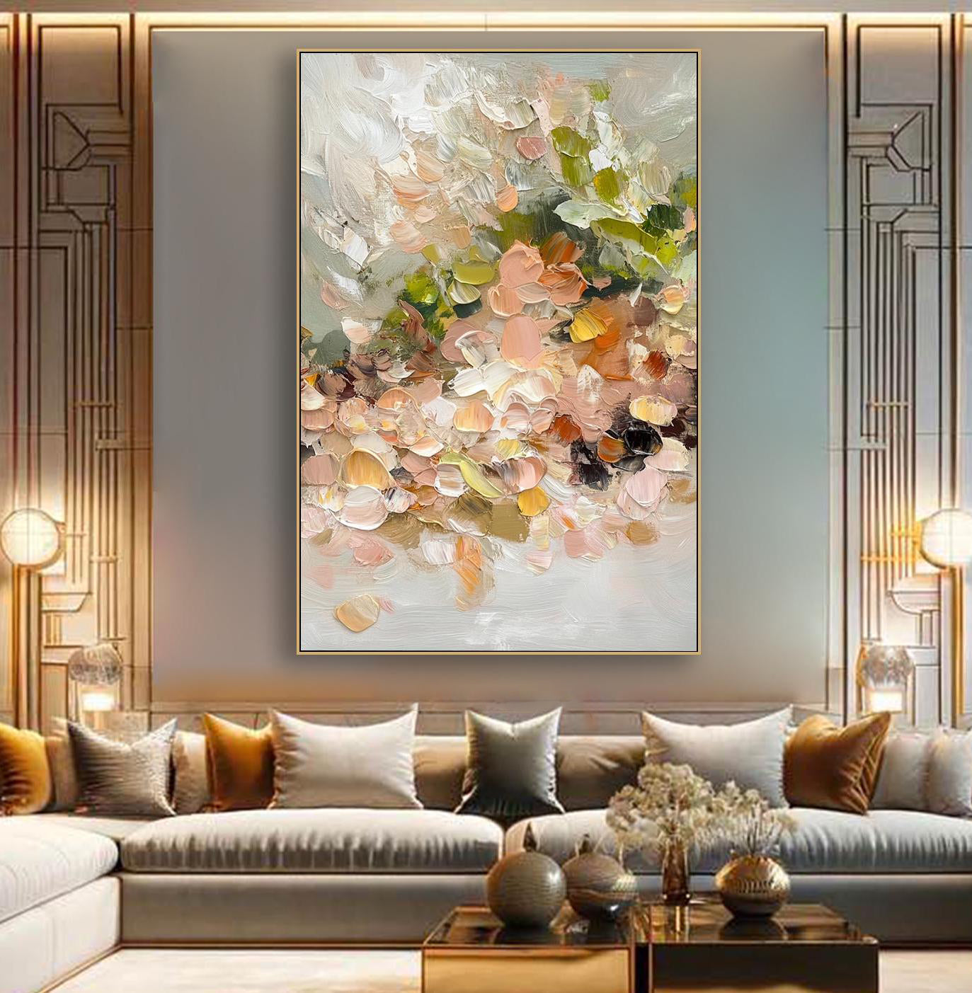Creamy Meadow – Hand-Painted Minimalist Beige and Apricot 3D Floral Painting | Soft Organic Botanical Bedroom & Living Room Art