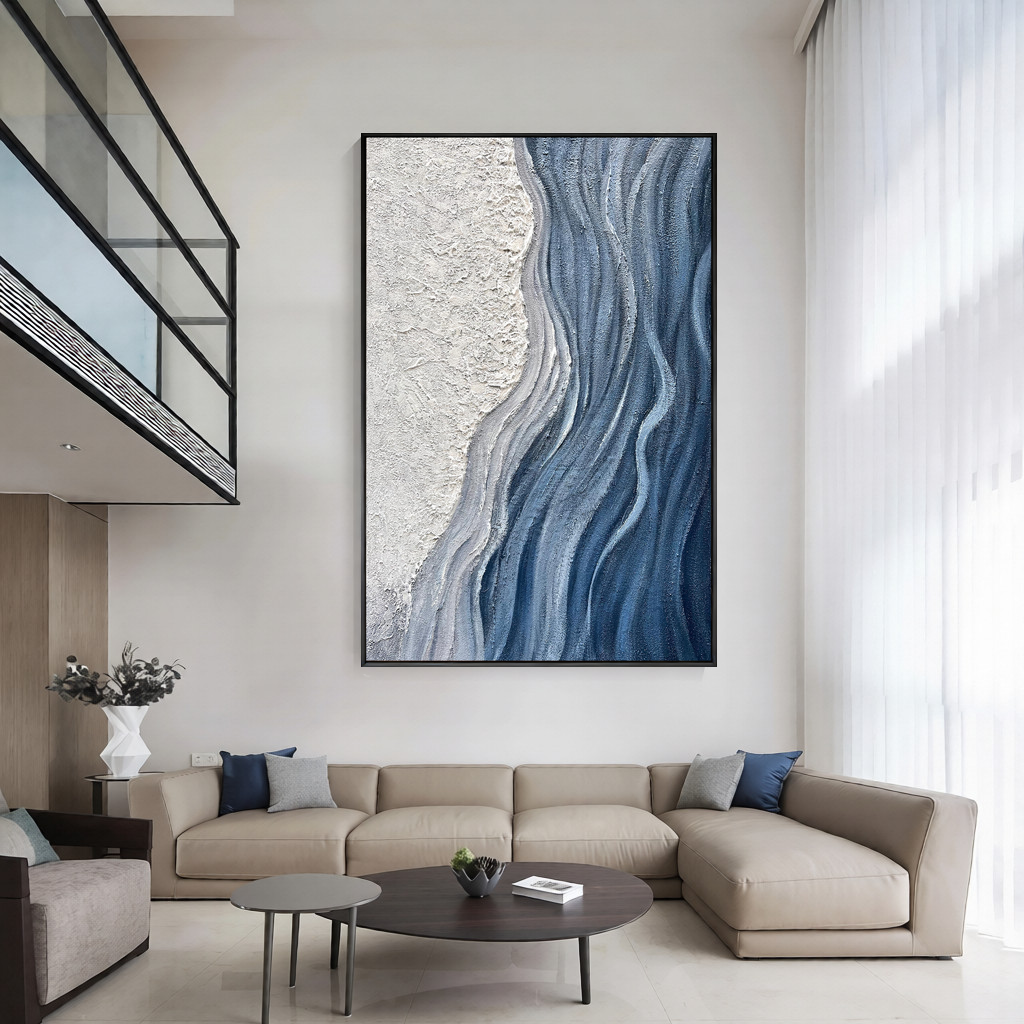 GLACIAL FLOW: Texture Wall Art, Hand-Painted Deep Blue and White Plaster Effect Relief 3D Heavy Texture Studio Art