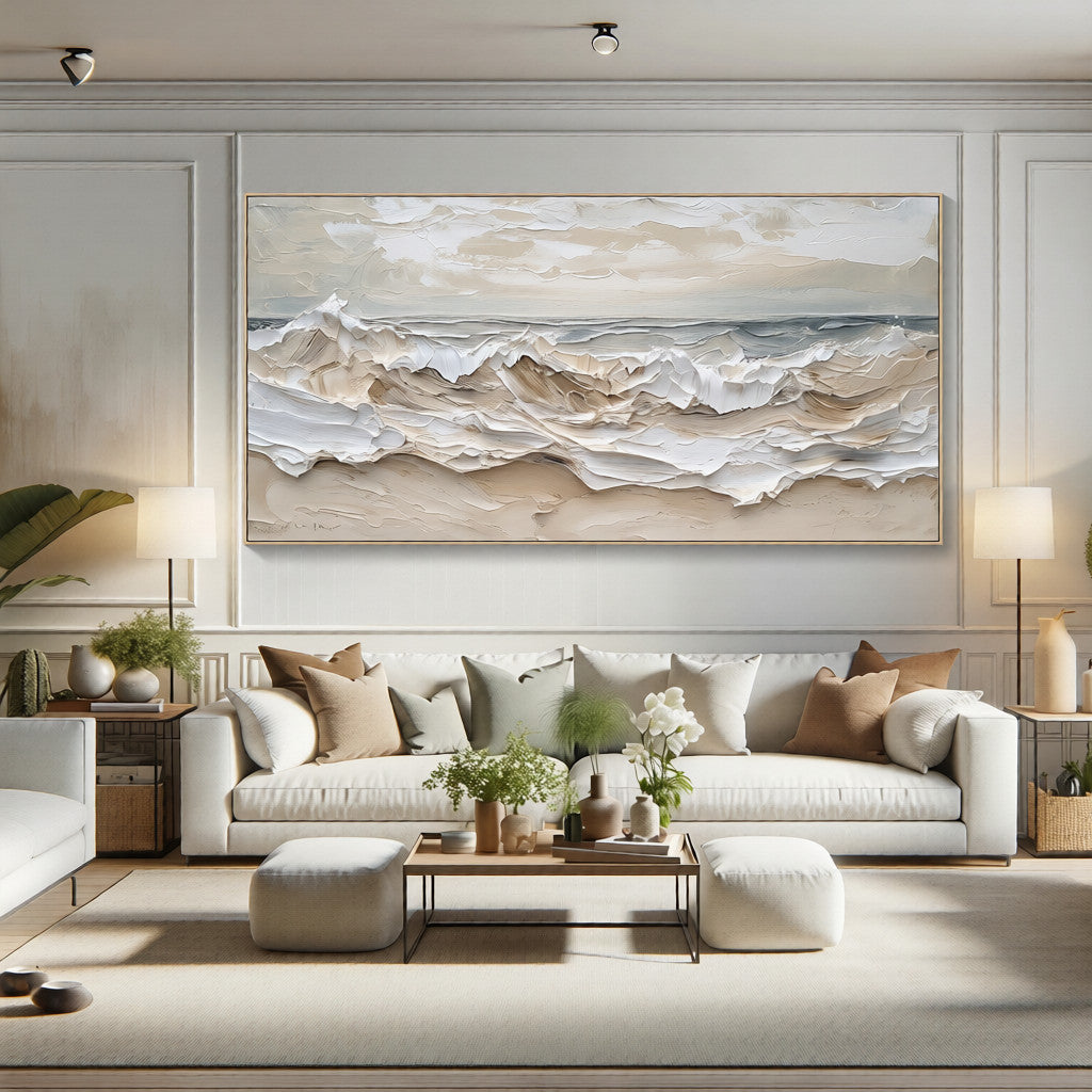 Whipped Tides – Hand-Painted Creamy White Ocean Wave Plaster Effect Seascape Painting | Coastal Modern Living Room & Bedroom Art