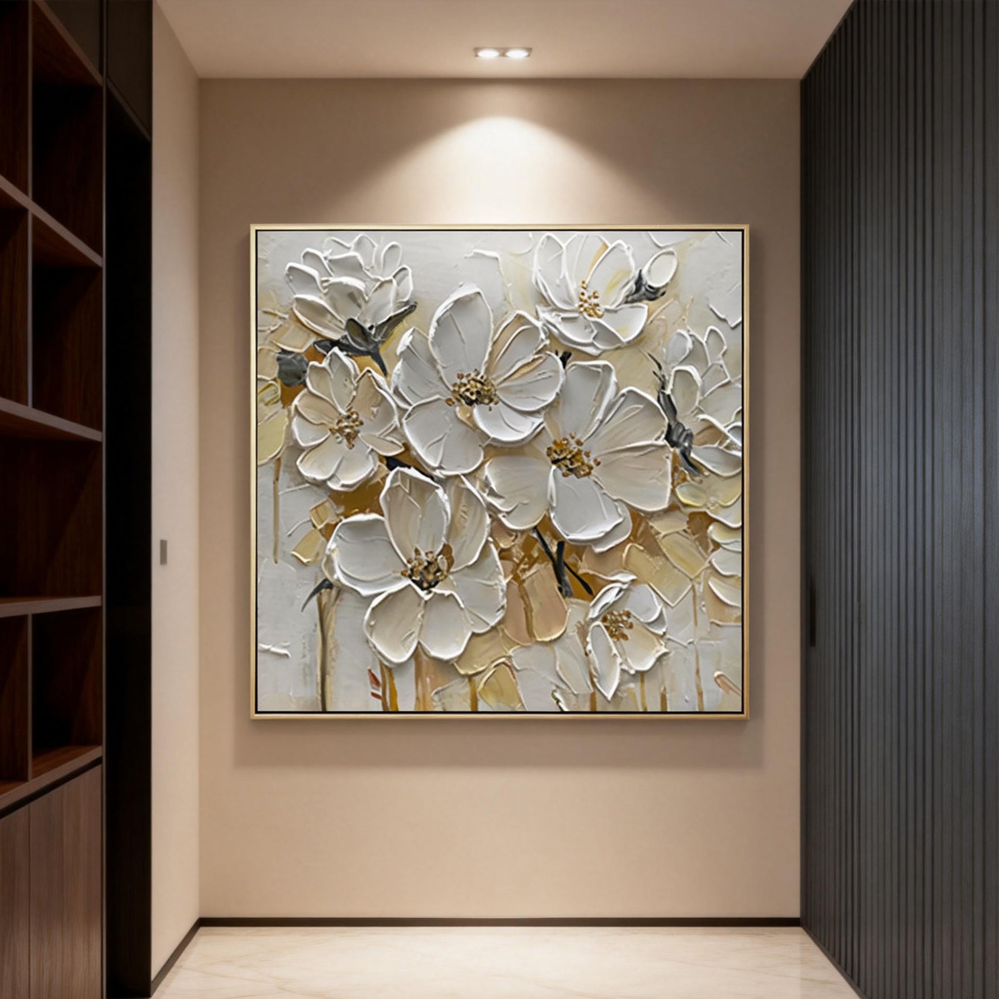 Creamy Bloom – White Petal Relief Floral Painting | Soft Organic Botanical Bedroom & Living Room Art