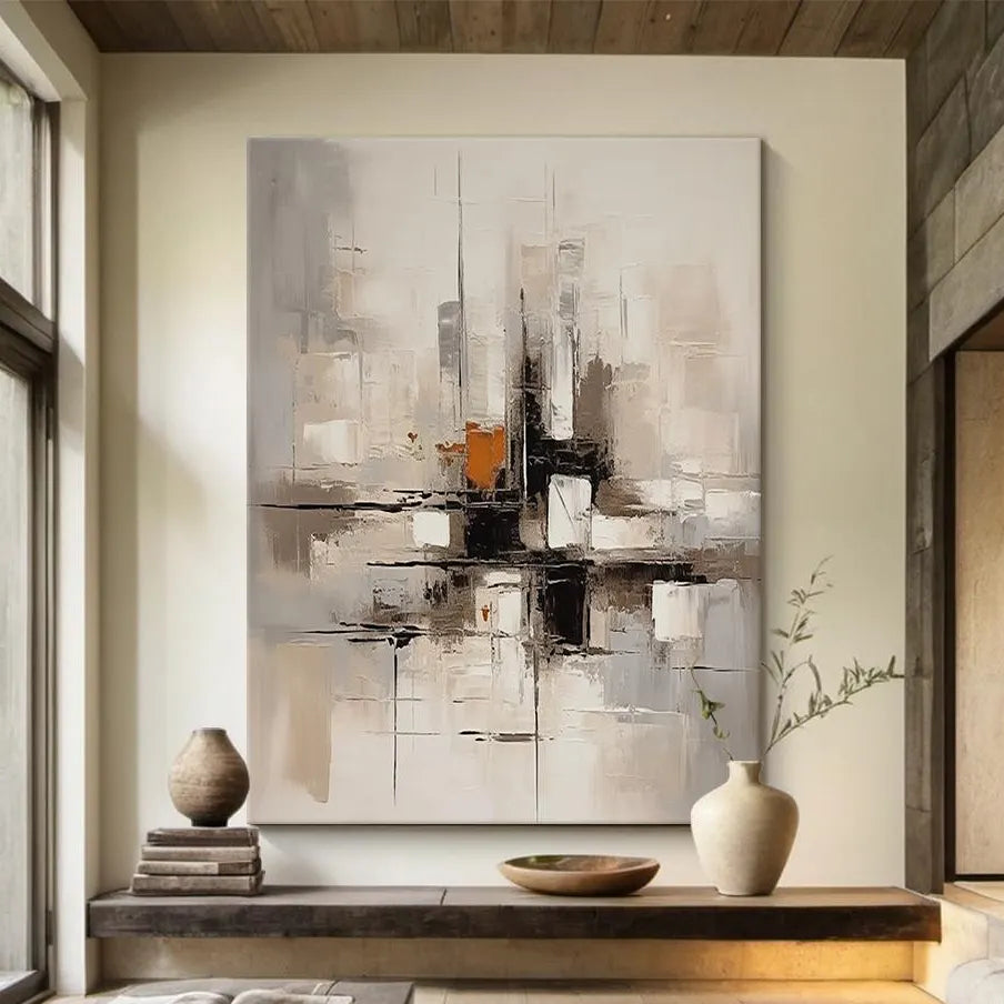 Urban Cross – Hand-Painted Industrial Grey Geometric Palette Knife Abstract Painting | Modern Abstract Living Room & Office Art