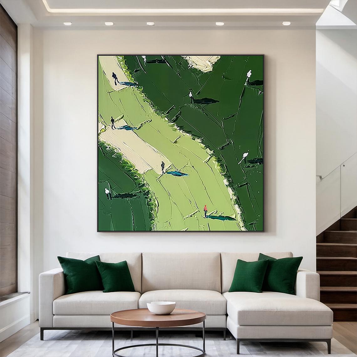Deep Fairway – Hand-Painted Forest Green 3D Heavy Texture Golf Course Athletes Sport Painting | Contemporary Landscape Living Room & Dining Room Art
