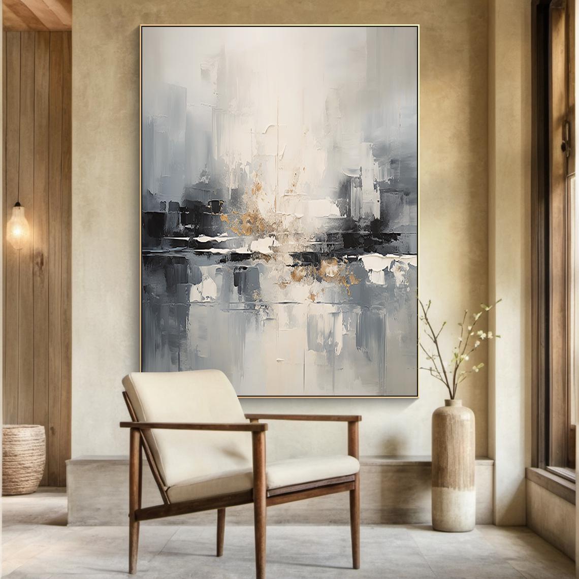 Urban Reflection – Hand-Painted Grey and Gold Foil Palette Knife Abstract Painting | Modern Abstract Living Room & Office Art