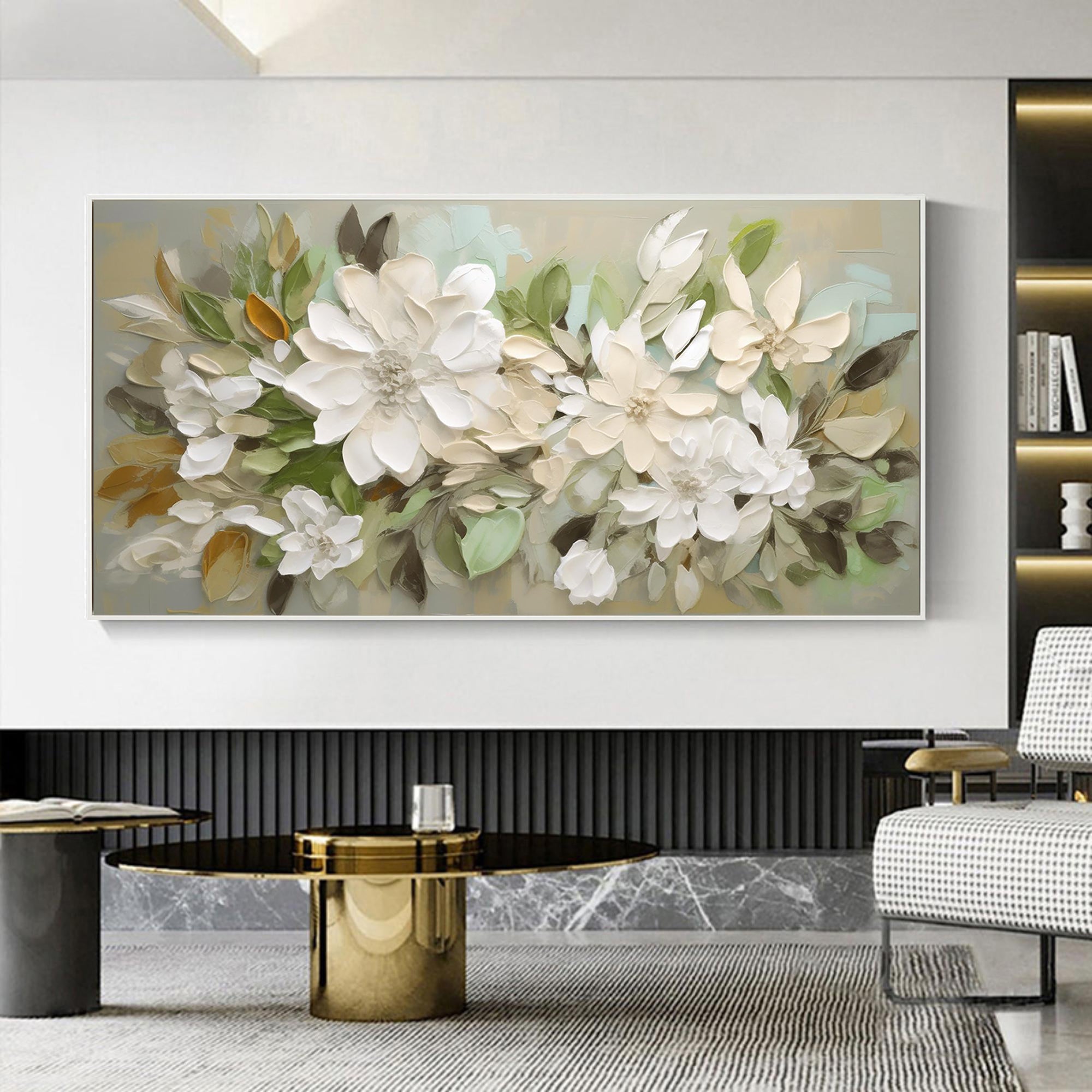 Magnolia Mist – Hand-Painted Sage Green and Off-White 3D Impasto Plaster Relief Floral Painting | Tropical Botanical Bedroom & Dining Room Art