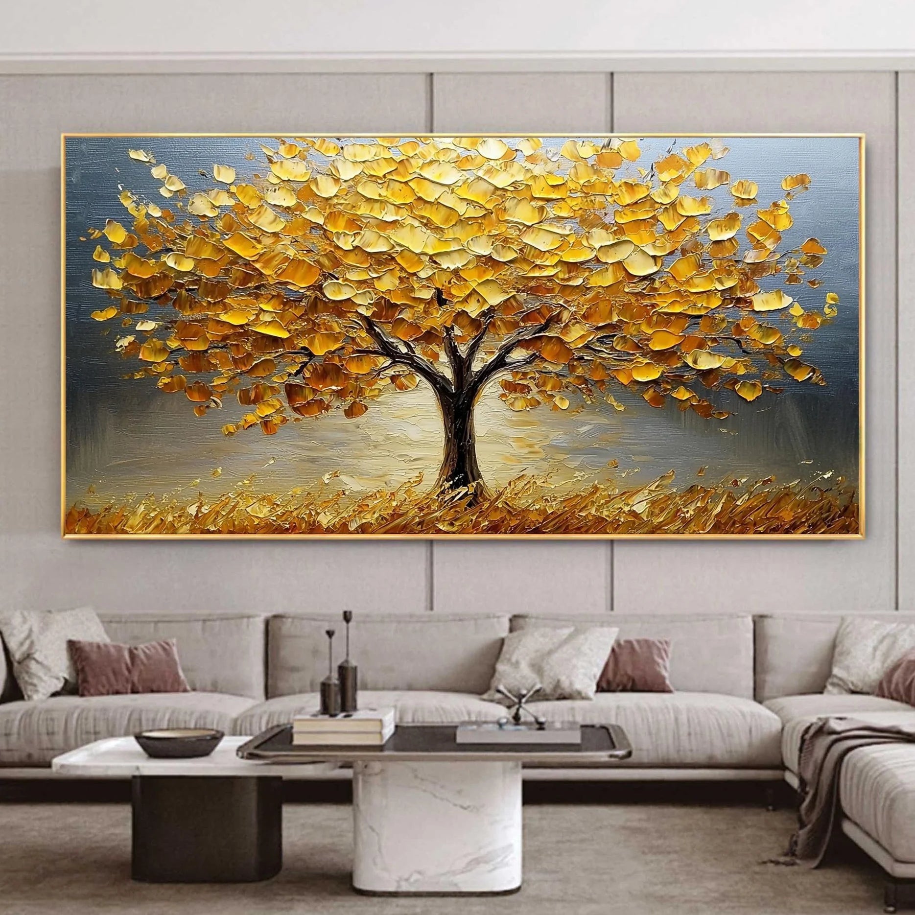 Golden Abundance – Hand-Painted Impasto Yellow Leaf Tree Painting | Modern Luxury Metallic Living Room & Hotel Art