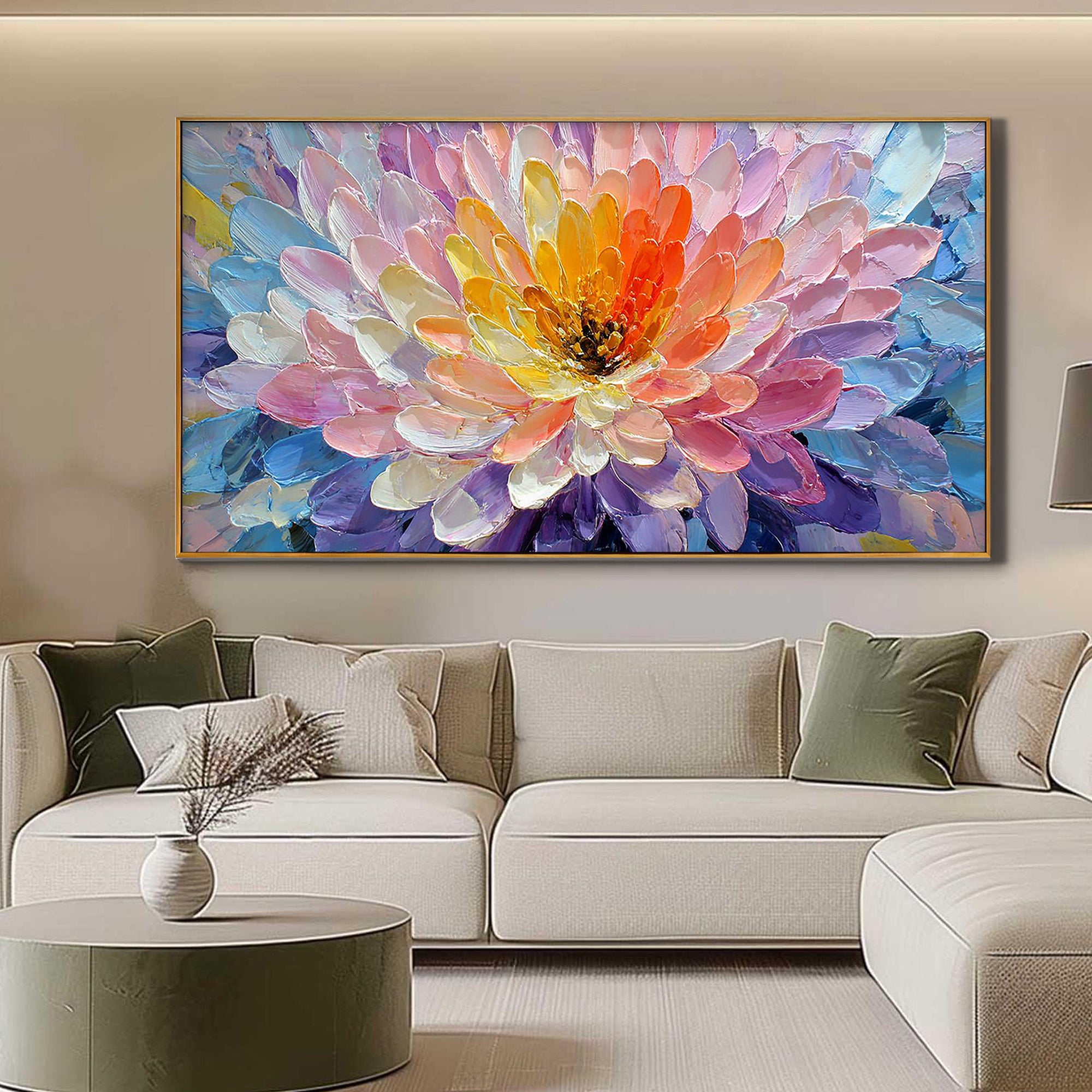 Vivid Bloom – Modern Rainbow Petal Relief Floral Painting | Vibrant Botanical Living Room & Dining Room Art
