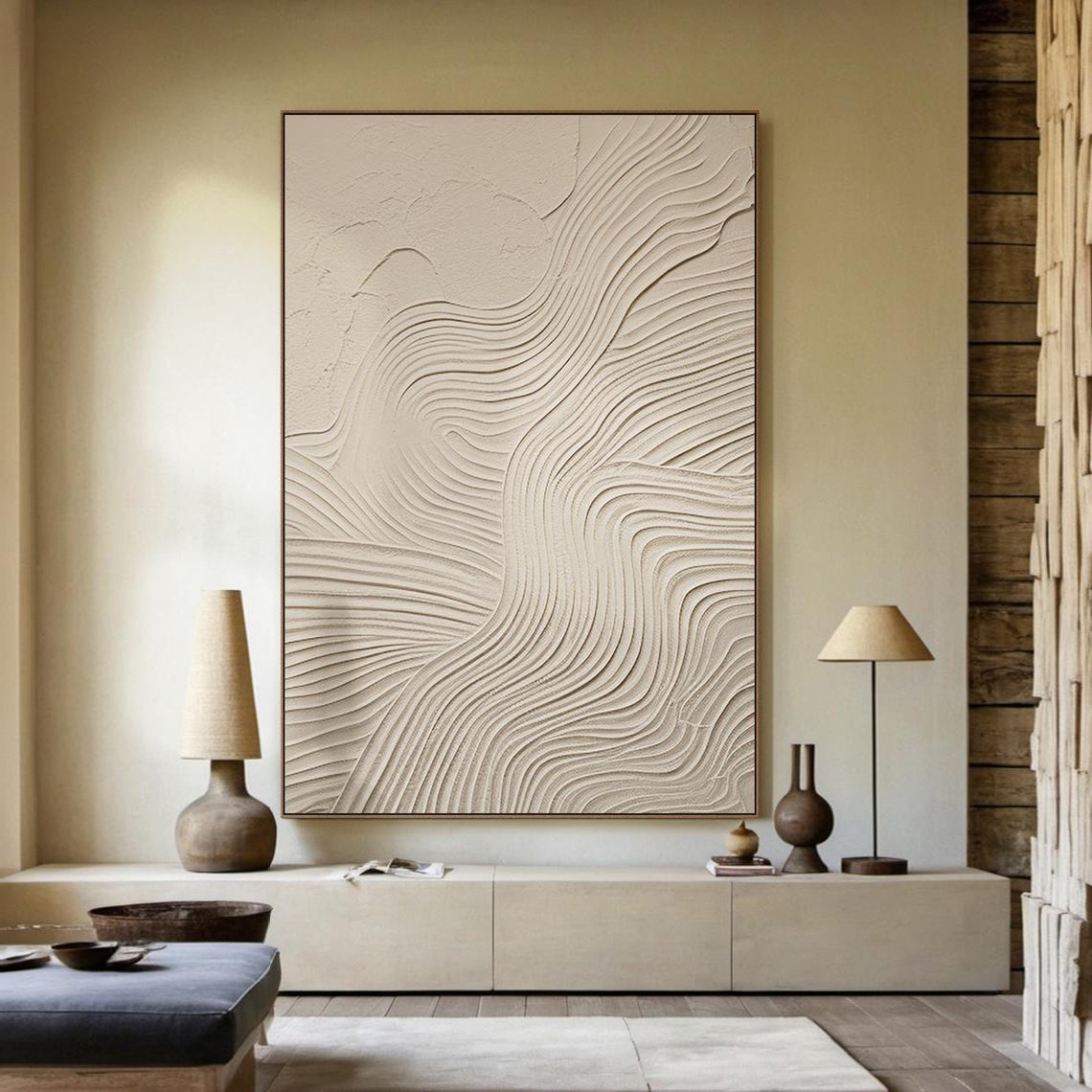 ZEN RIPPLE: Wabi-Sabi Wall Art, Hand-Painted Beige Organic Wave Line Plaster Effect 3D Textured Studio Art
