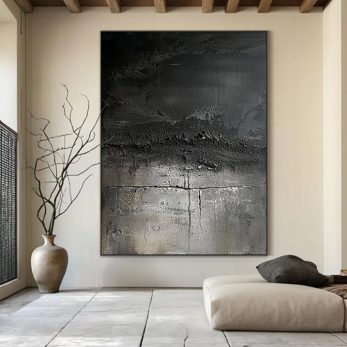 Earthen Crust – Hand-Painted Dark Grey Volcanic Texture Plaster Relief Wabi-Sabi Painting | Japandi Wabi-Sabi Living Room & Bedroom Art