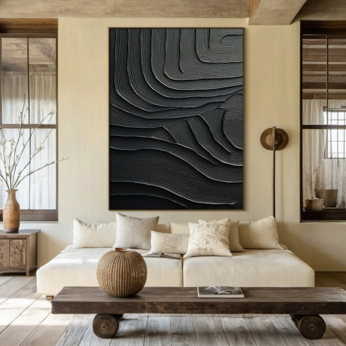 Obsidian Strata – Hand-Painted All-Black Organic Wave Plaster Effect Texture Painting | Modern Industrial Plaster Home Office & Living Room Art