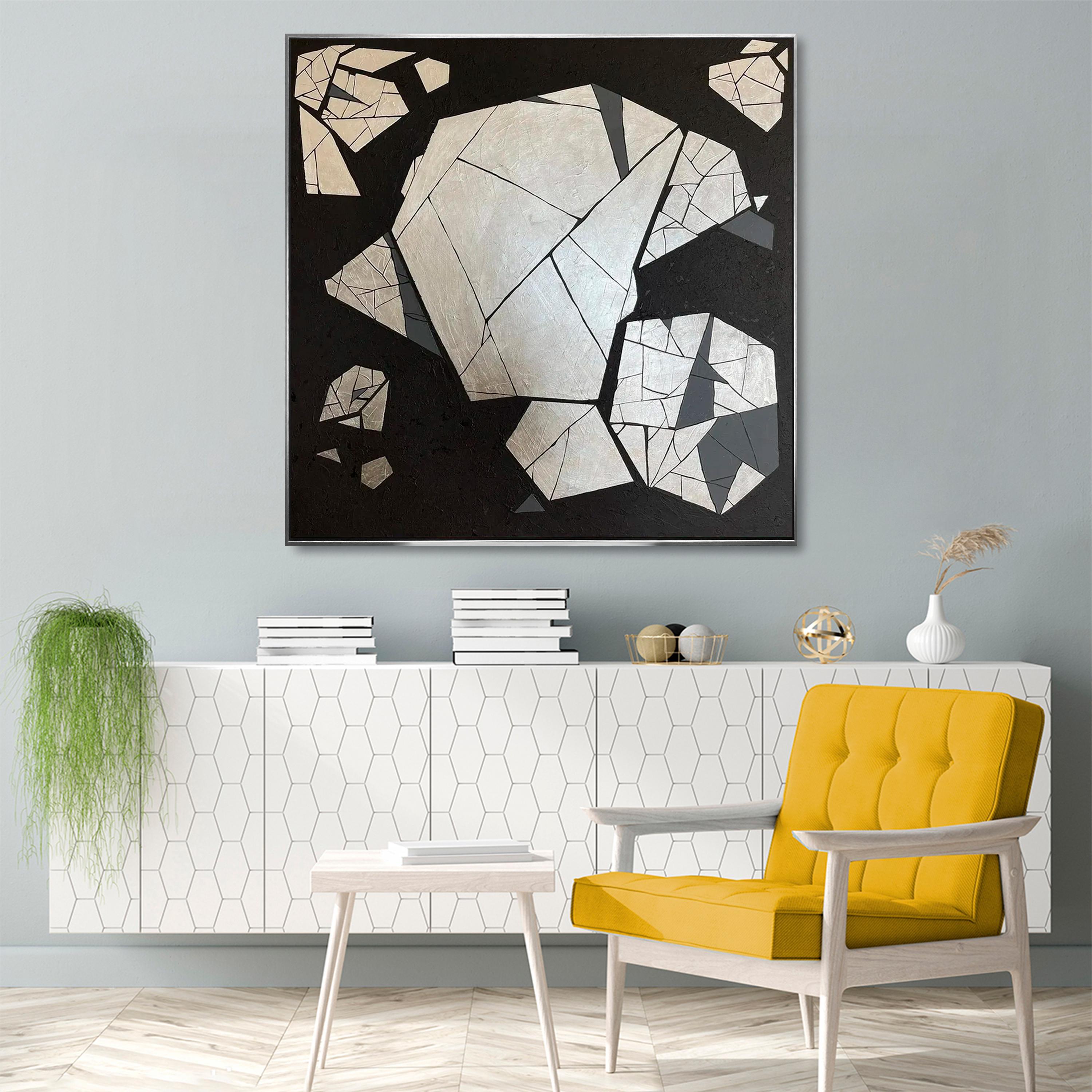 Fractured Core – Hand-Painted Black and Silver Geometric Rock Relief Wabi-Sabi Painting | Japandi Wabi-Sabi Living Room & Bedroom Art
