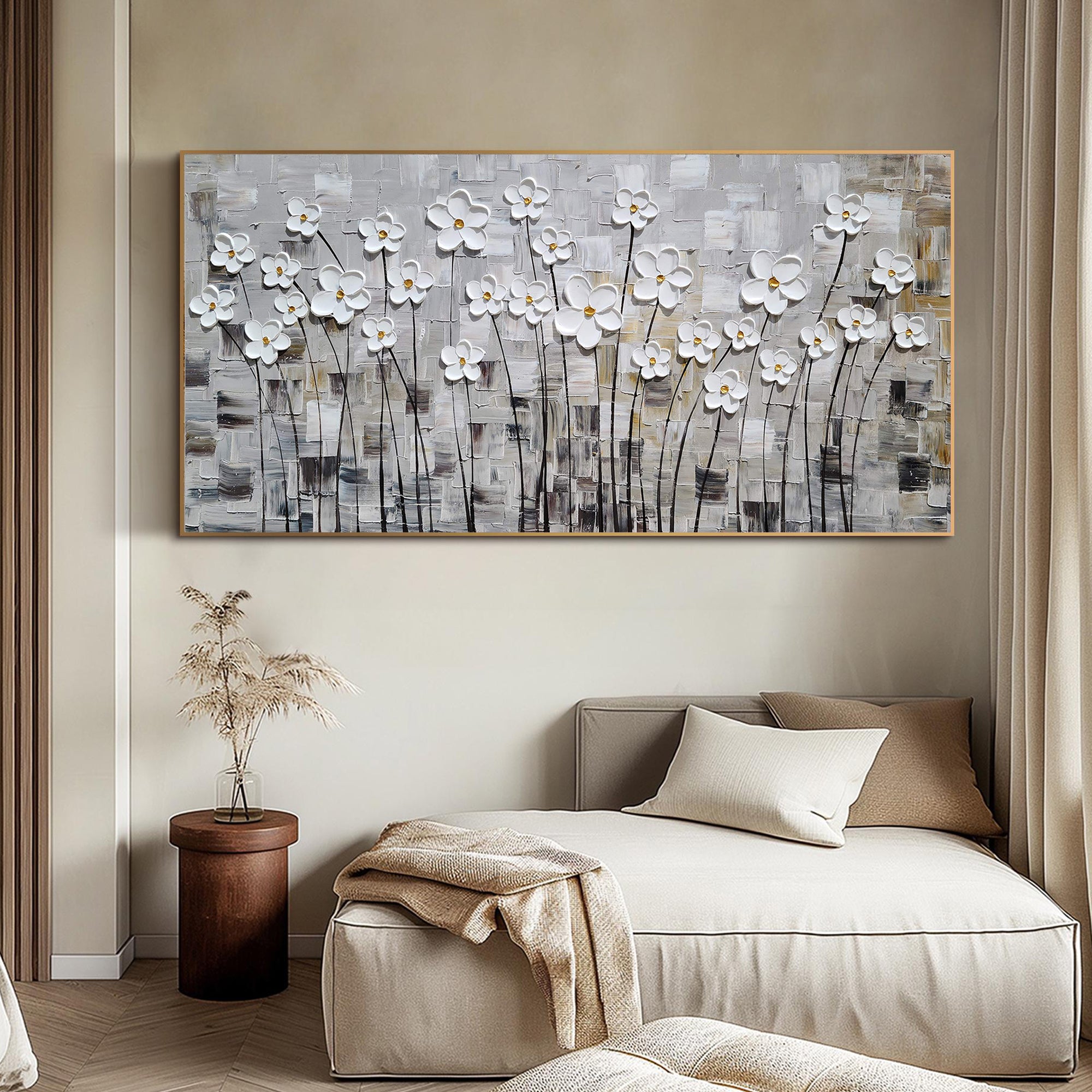 Modern Meadow – White Daisy Grid Relief Impasto Floral Painting | Contemporary Botanical Bedroom & Living Room Art