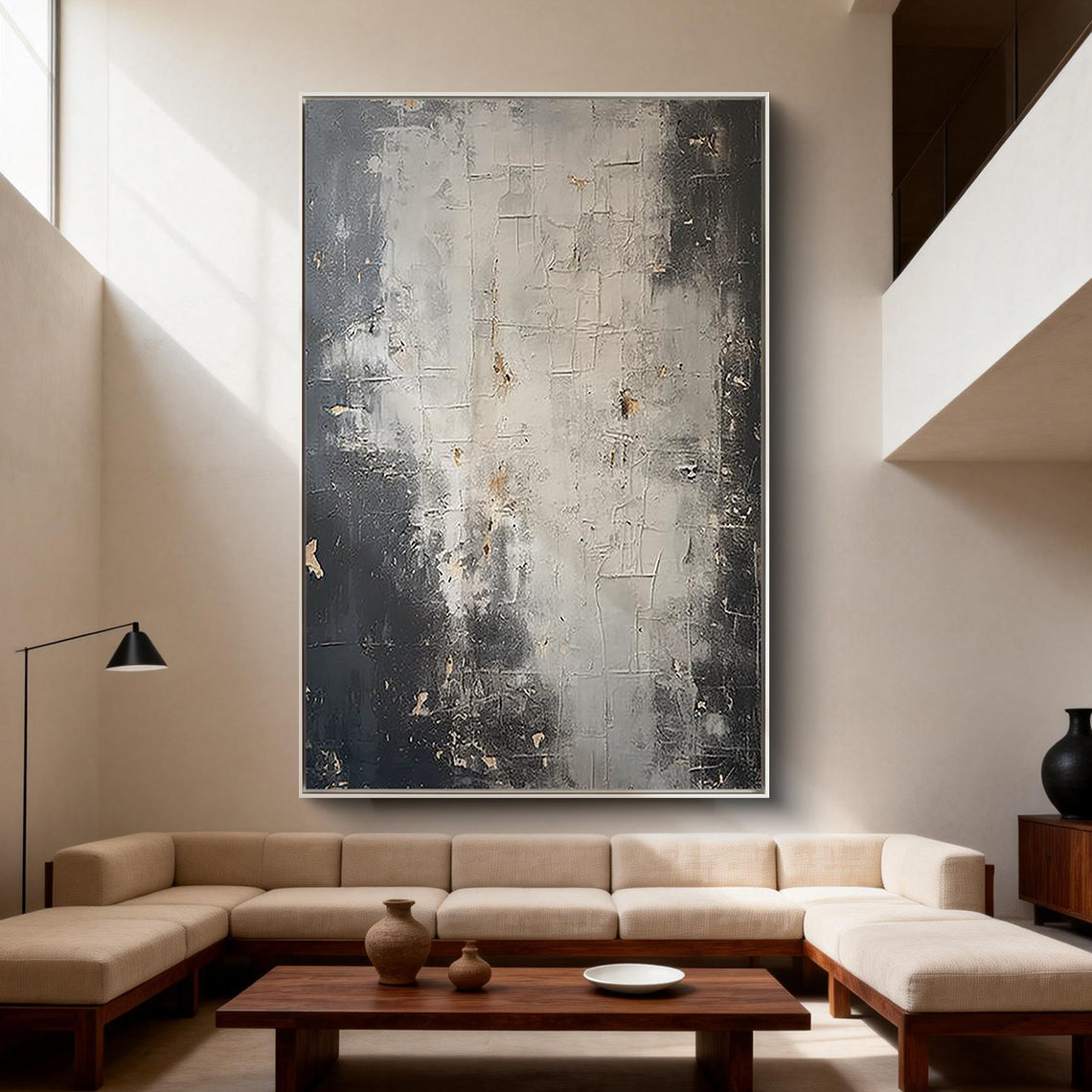 Concrete Echo – Minimalist Industrial Grey Plaster Effect Hand-Painted Wabi-Sabi Painting | Japandi Wabi-Sabi Living Room & Bedroom Art