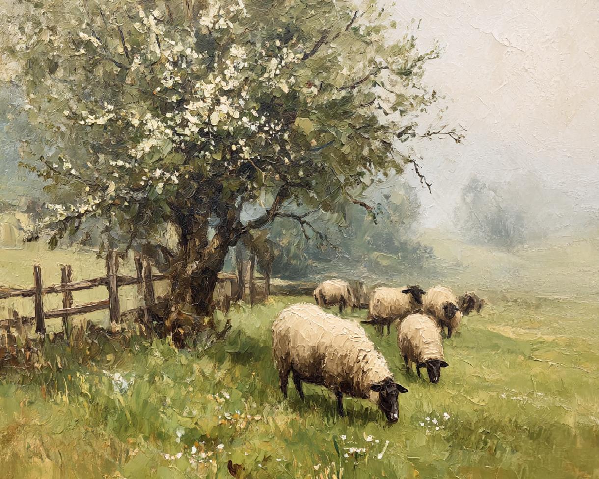 PASTORAL PEACE: Rustic Sheep Landscape Wall Art, Hand-Painted Farmhouse Animal Painting