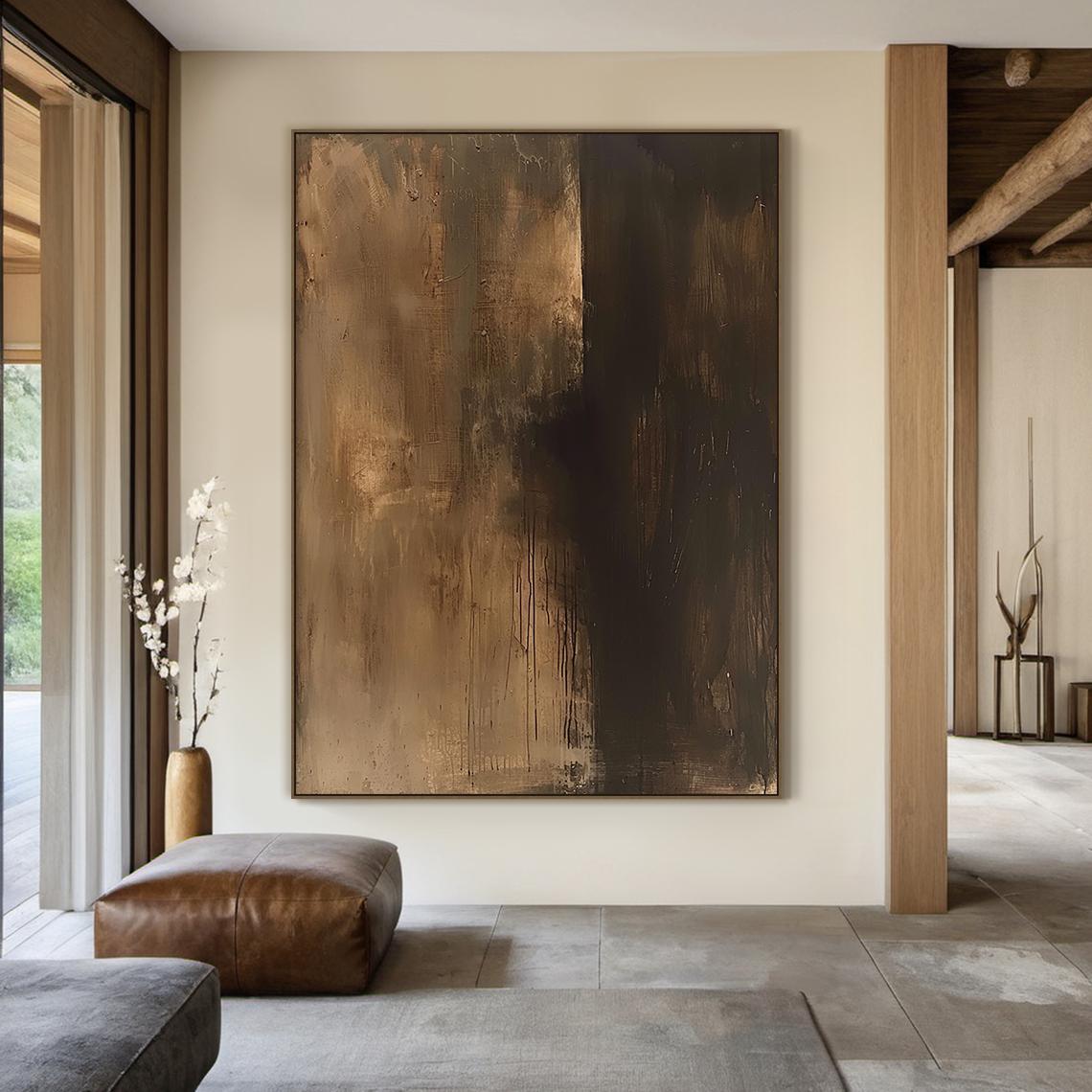 Earthen Shadow – Hand-Painted Deep Coffee Brown Plaster Effect Wabi-Sabi Painting | Japandi Wabi-Sabi Living Room & Bedroom Art
