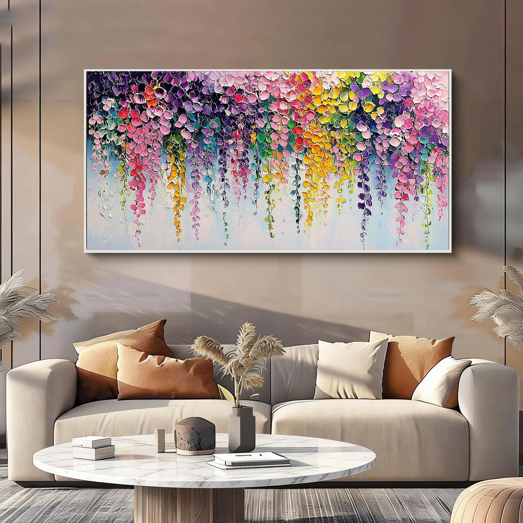 Neon Dreamscape – Modern Impasto Cascading Flower Oil Painting | Vibrant Floral Living Room Art