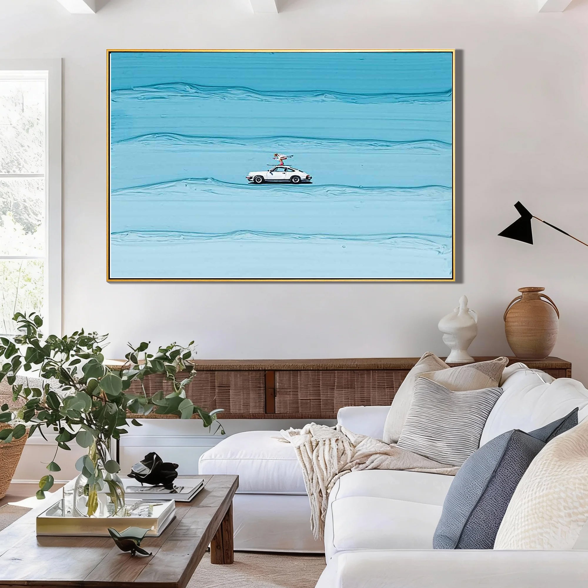 Surf Rider – Hand-Painted Creative White Car on Blue Ocean Wave Palett