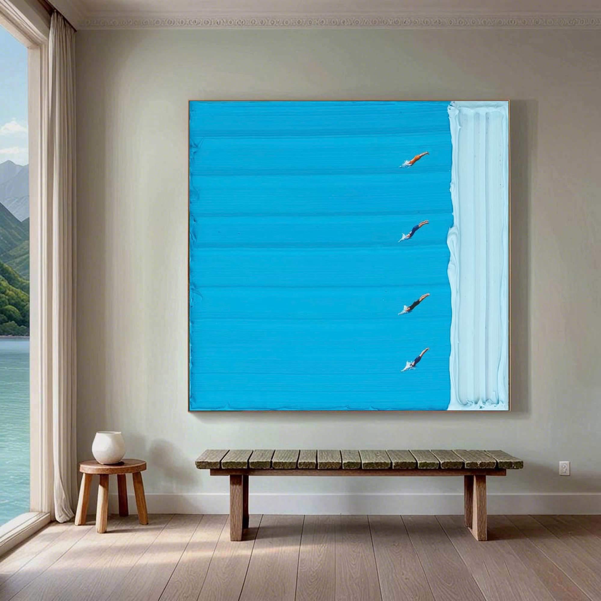 Azure Lane – Hand-Painted Minimalist Swimming Pool with Figures Sport Painting | Contemporary Expressionist Living Room & Office Art