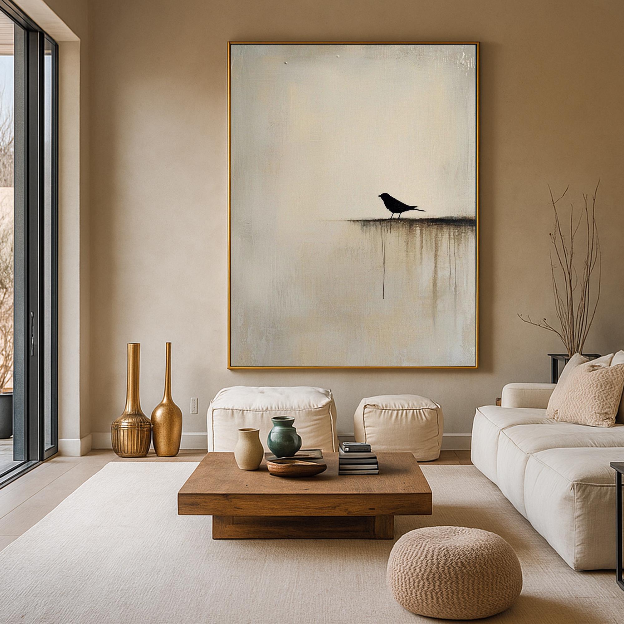 The Silent Roost – Wabi-Sabi Minimalist Solitary Bird Painting | Modern Warm Grey Home Office Art
