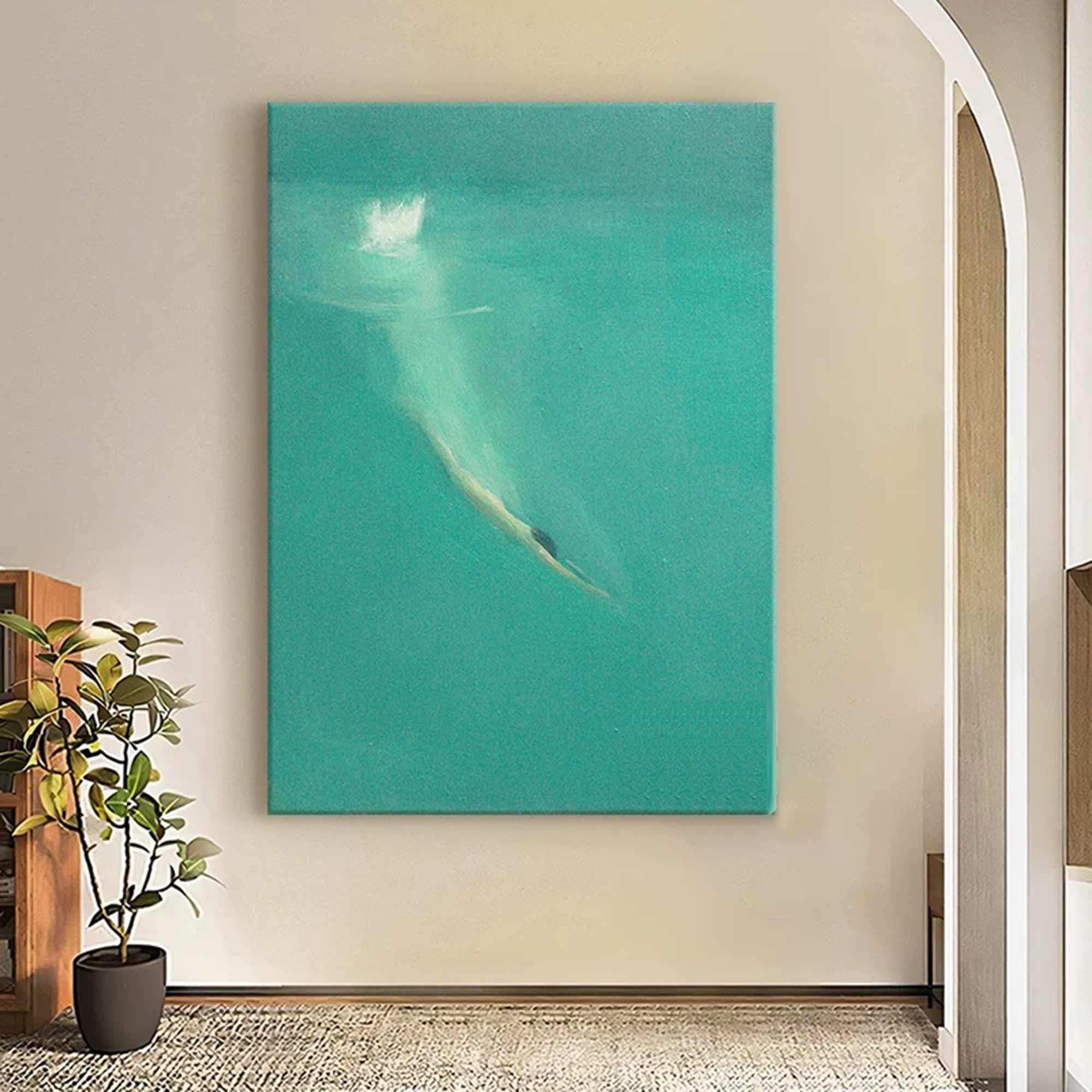 Summer Dive – Modern Minimalist Turquoise Ocean Diver Painting | Large Framed Canvas Hallway Art