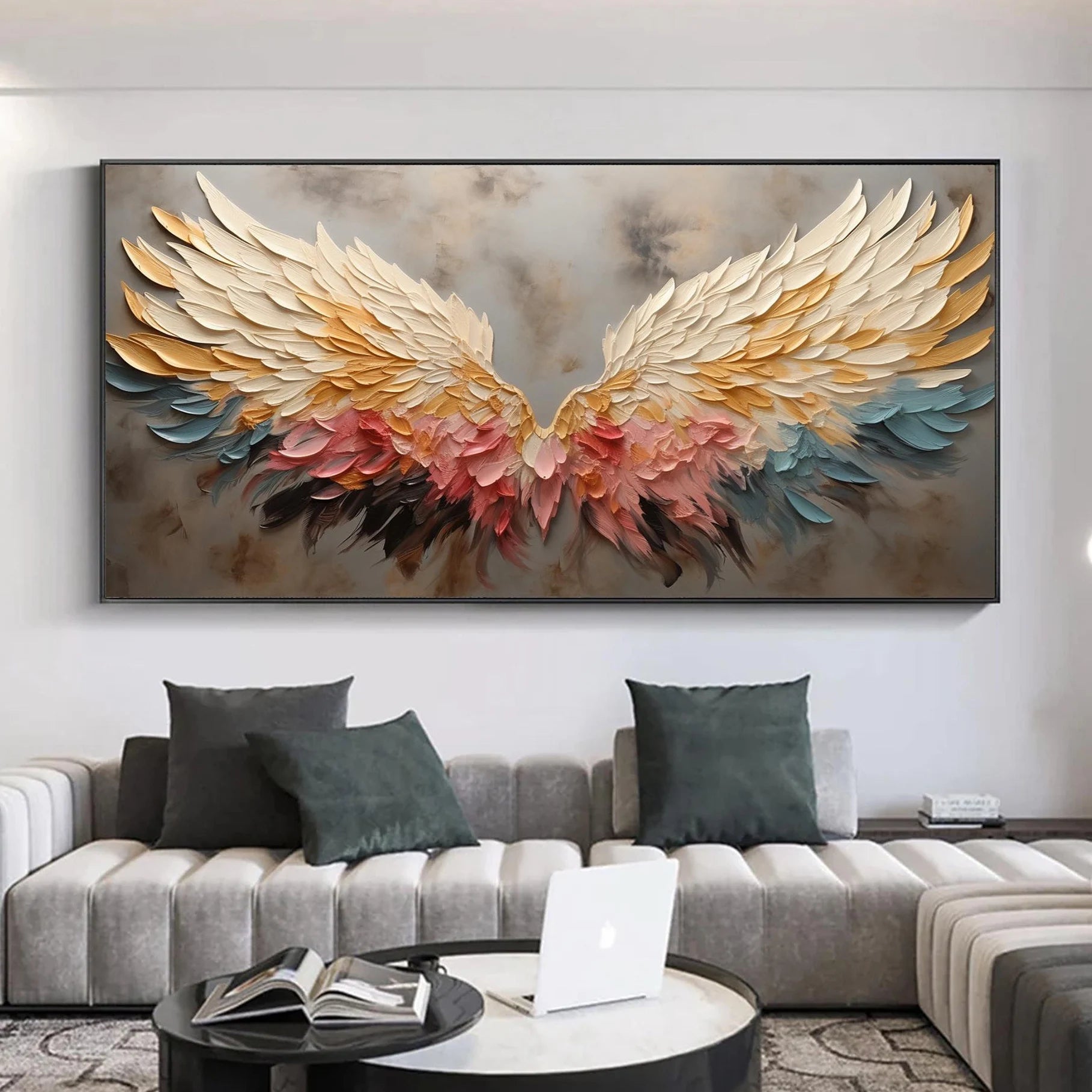 Sunset Wings – Gold & Rose Pink Feather Relief Texture Painting | Modern Luxury Metallic Living Room & Hotel Art