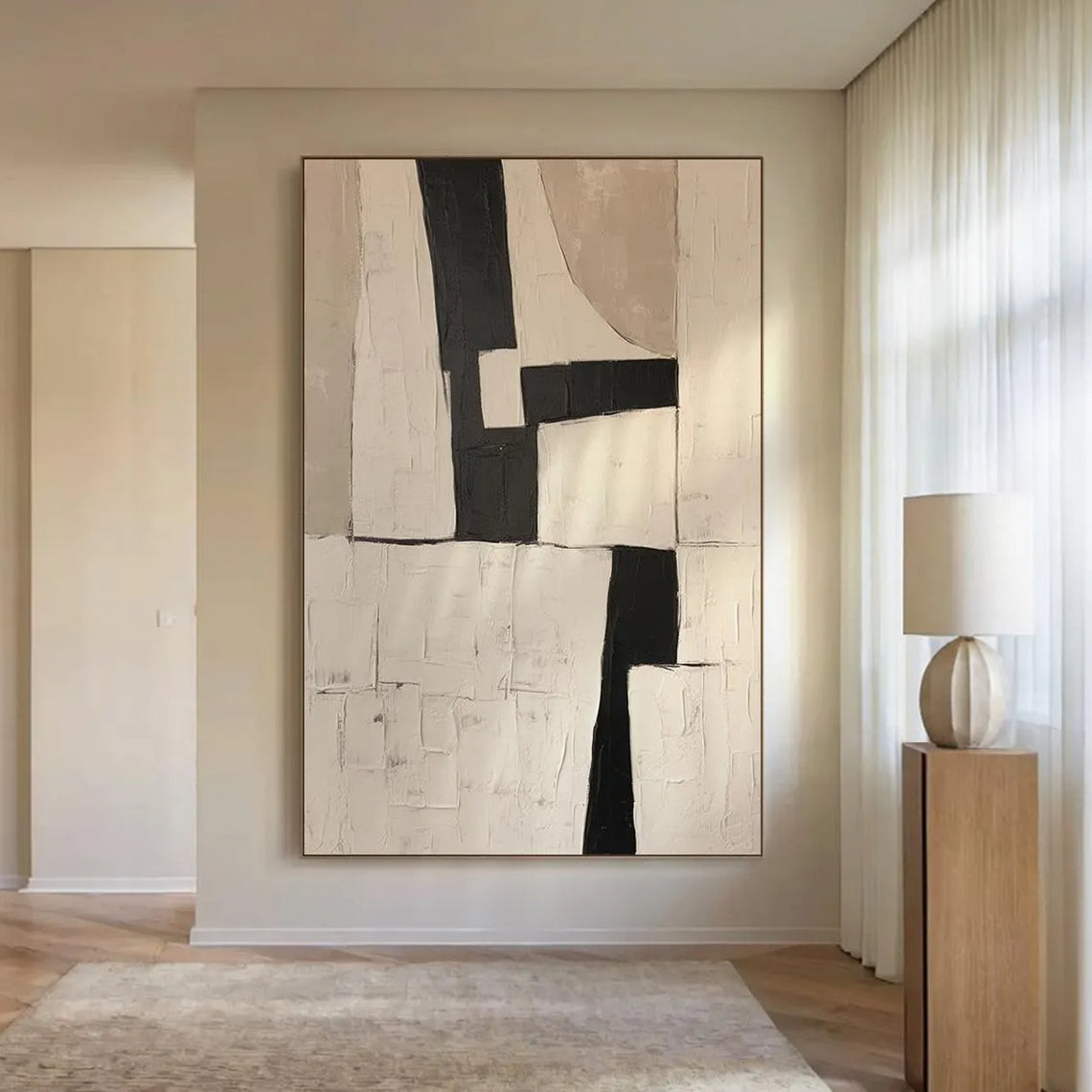 Monolith Trace – Hand-Painted Black and Beige Plaster Relief Wabi-Sabi Painting | Japandi Organic Wabi-Sabi Living Room & Hallway Art