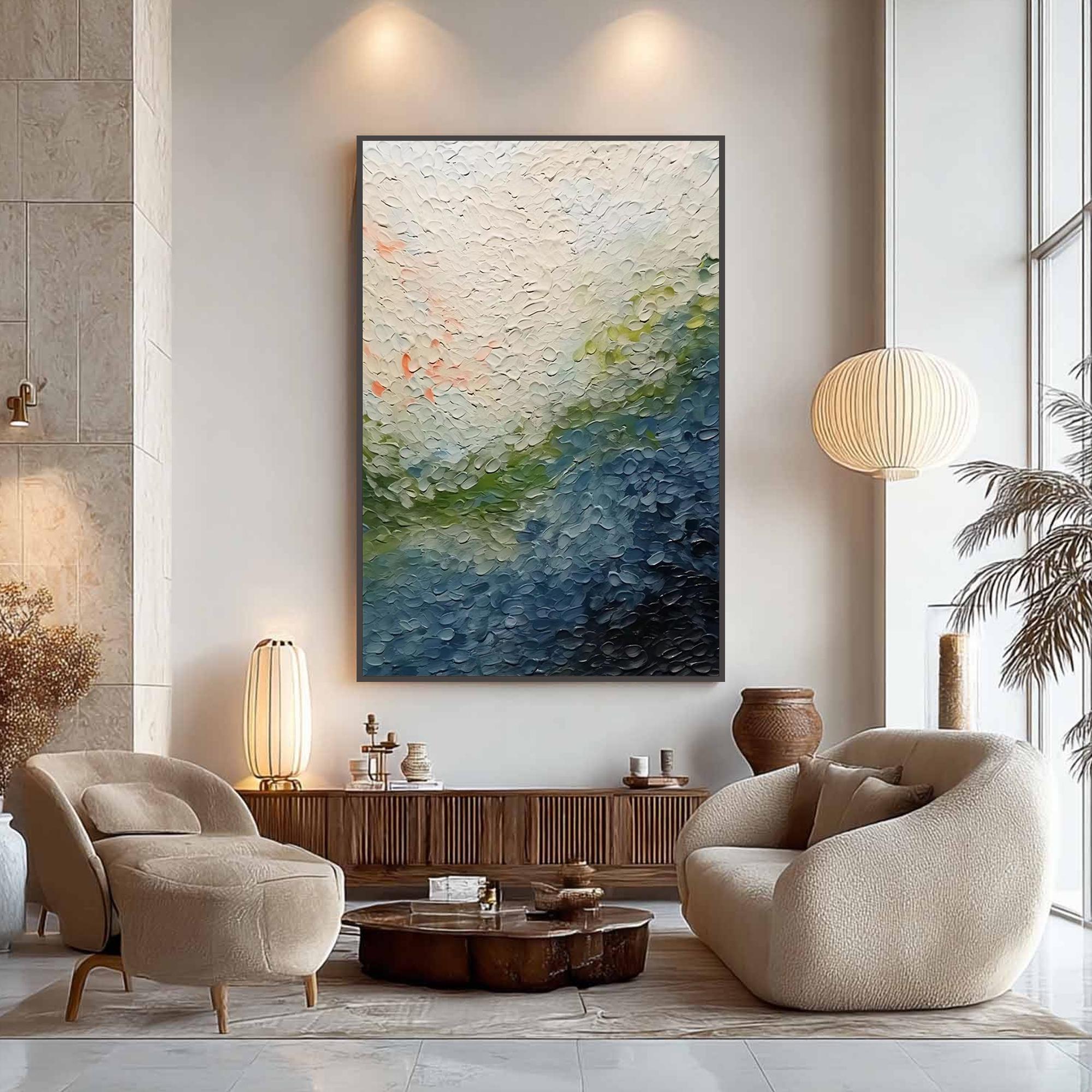 AZURE TERRAIN: Texture Wall Art, Hand-Painted Navy Blue and Sage Green Plaster Effect Relief Studio Art