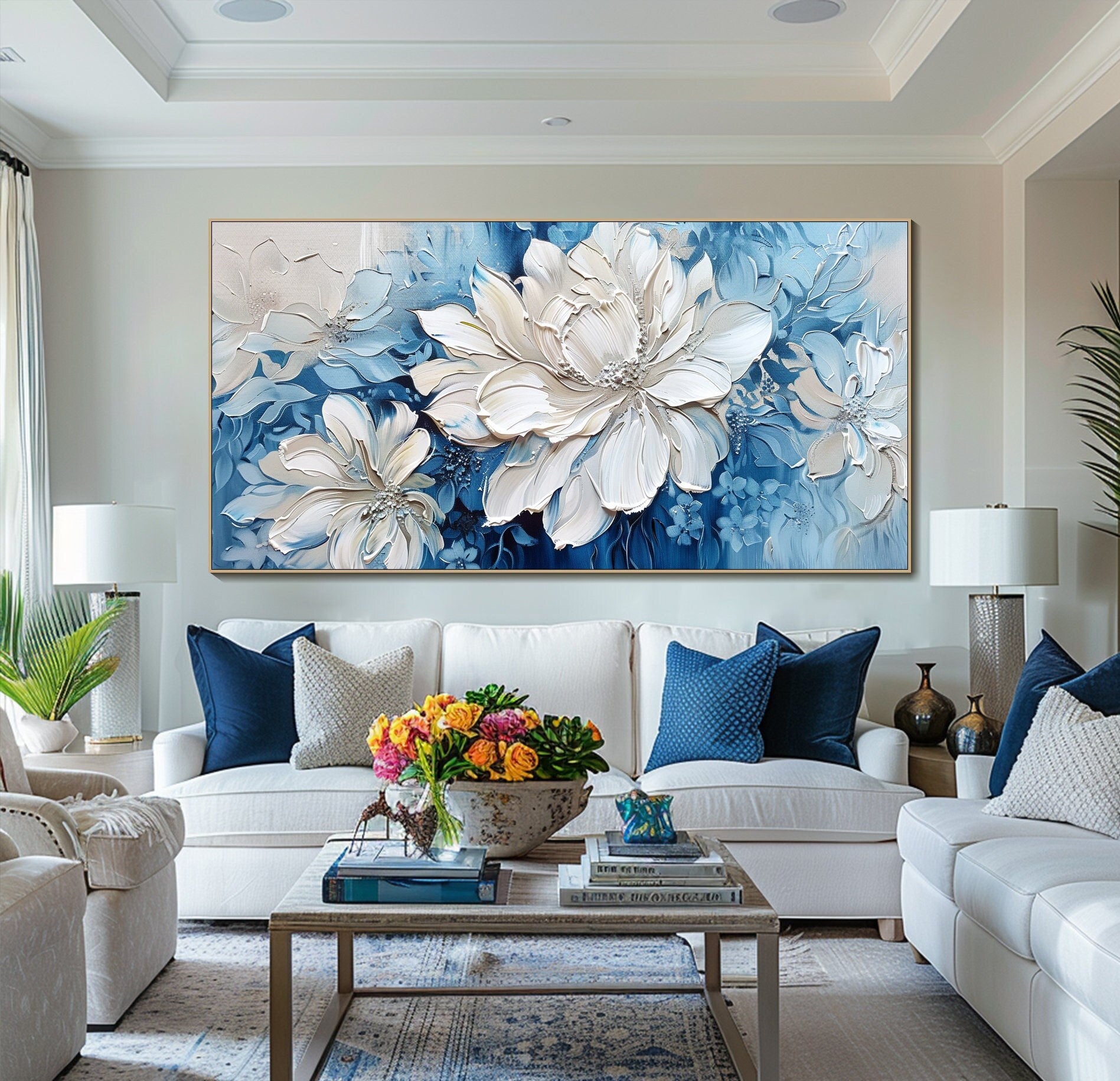 FROZEN PETAL: Panoramic Heavy Impasto White Flower Painting, 3D Textured Floral Art
