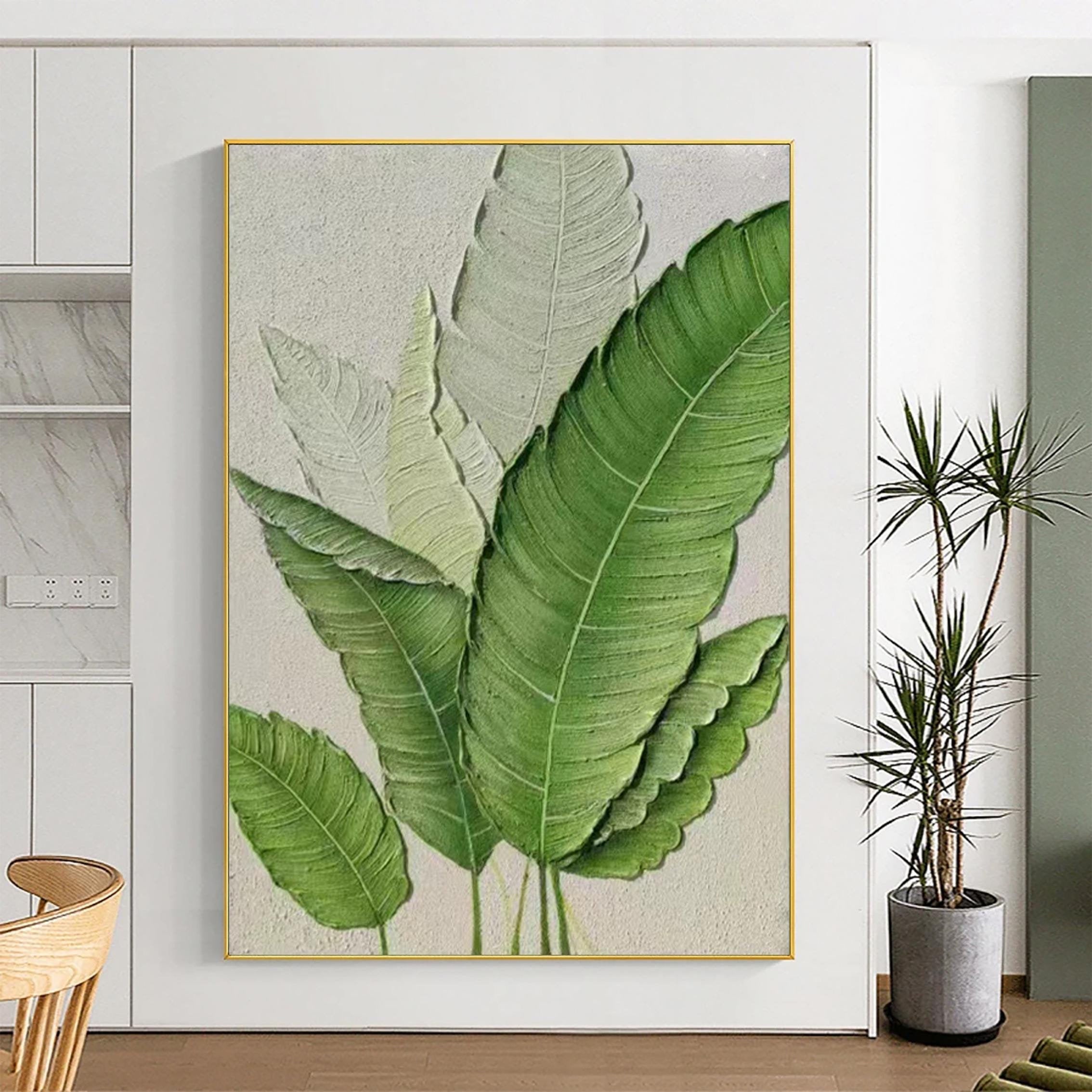 Verdant Leaf – Hand-Painted Fresh Green Banana Leaf Plaster Relief Floral Painting | Tropical Botanical Bedroom & Dining Room Art