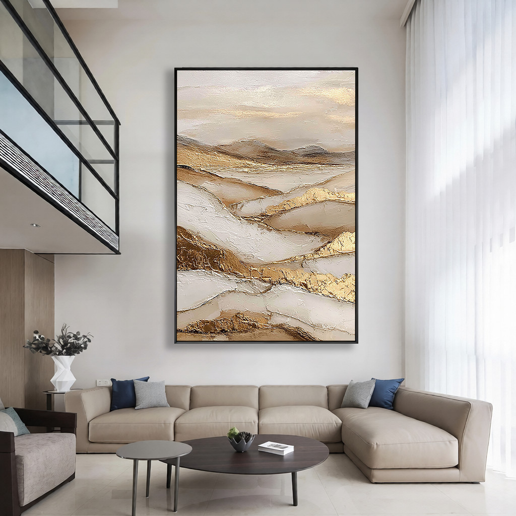 Golden Ridges – Wabi-Sabi Minimalist Earth Tone Impasto Painting | Luxury Textured  Living Room Art