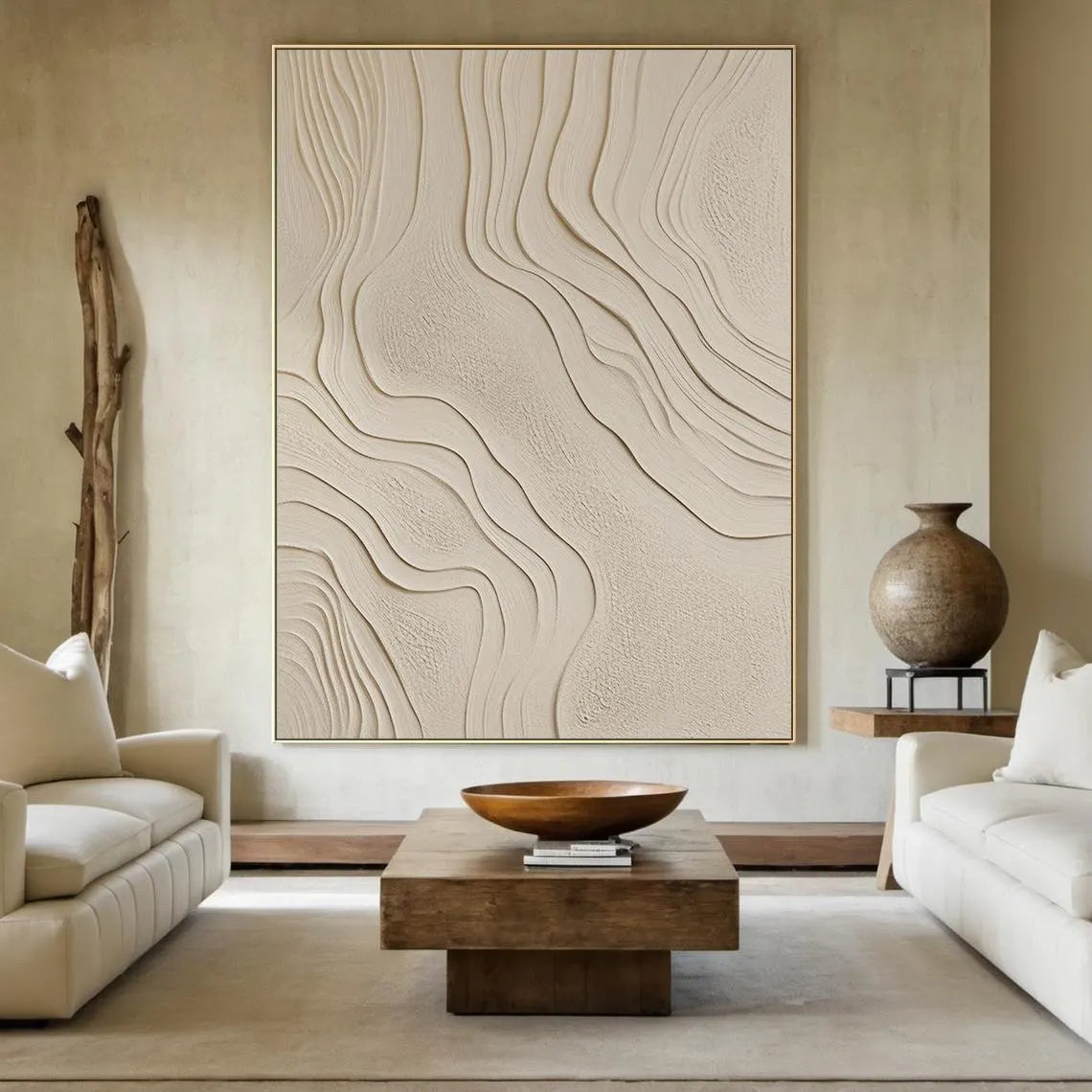 Zen Ripple – Hand-Painted Minimalist Beige Organic Wave Line 3D Plaster Effect Relief Wabi-Sabi Painting | Japandi Organic Wabi-Sabi Living Room & Hallway Art
