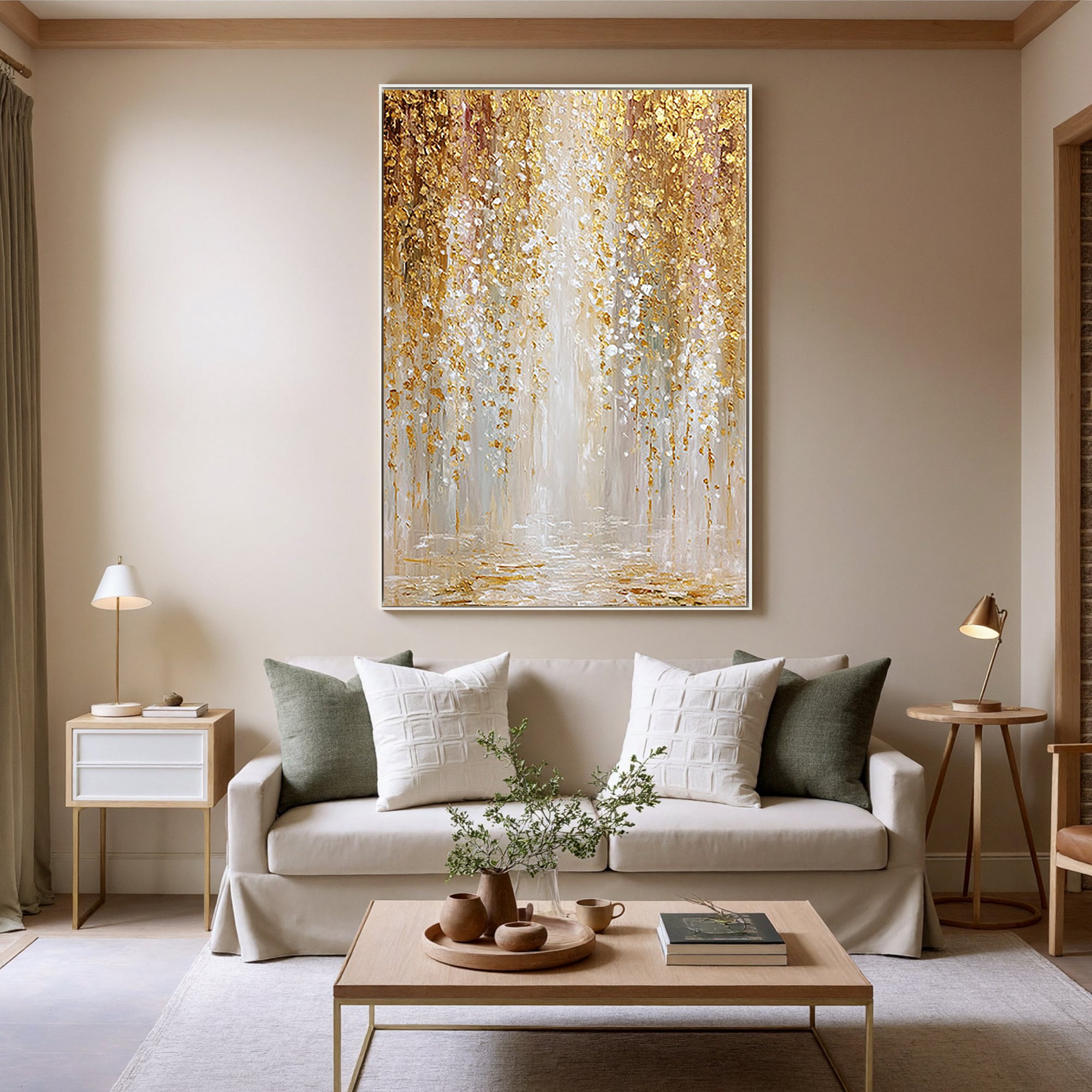 Gilded Rain – Modern Abstract Gold Leaf Waterfall Painting | Luxury Heavy Impasto Dining Room Art