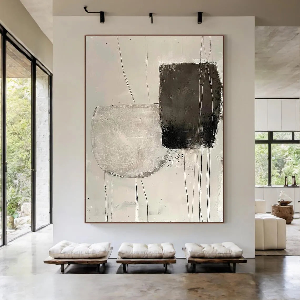Zen Balance – Hand-Painted Minimalist Black and Grey Plaster Effect Abstract Wabi-Sabi Painting | Japandi Wabi-Sabi Living Room & Bedroom Art