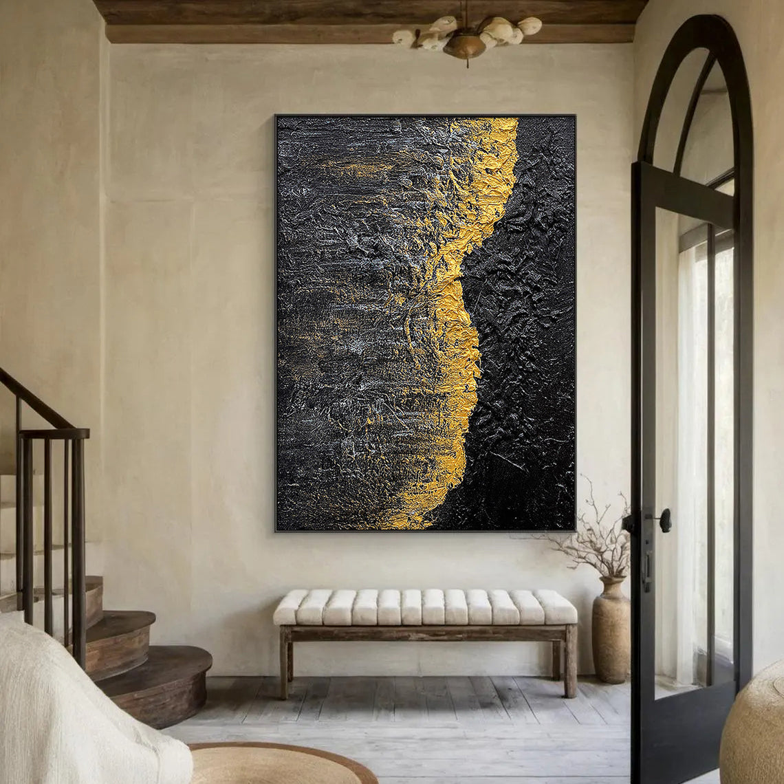 Golden Rift – Heavy Impasto Black and Gold Abstract Art | Luxury Minimalist Living Room Art