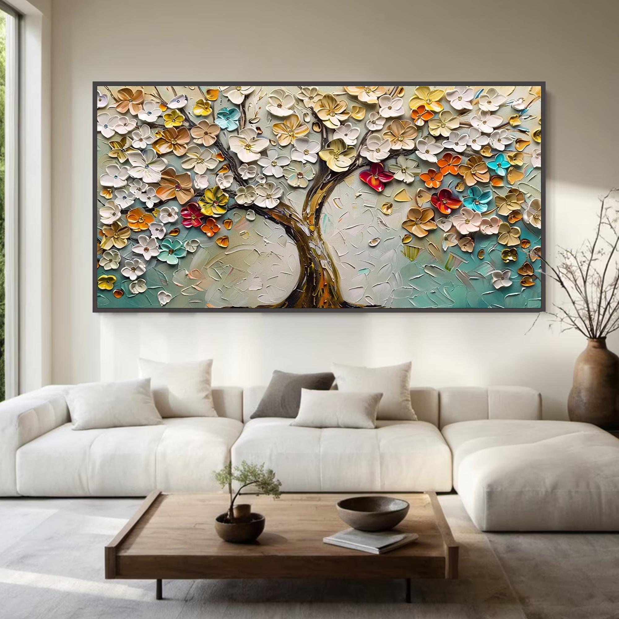 Blossom Symphony – Vibrant Floral Relief Texture Painting | Vibrant Botanical Living Room & Dining Room Art
