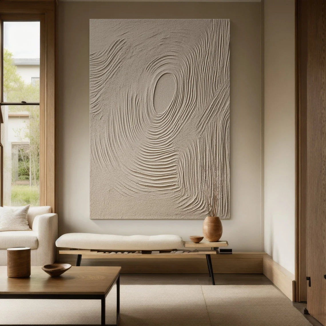 Zen Ripple – Hand-Painted Minimalist Beige Circular Line Relief Wabi-Sabi Painting | Japandi Organic Wabi-Sabi Living Room & Hallway Art