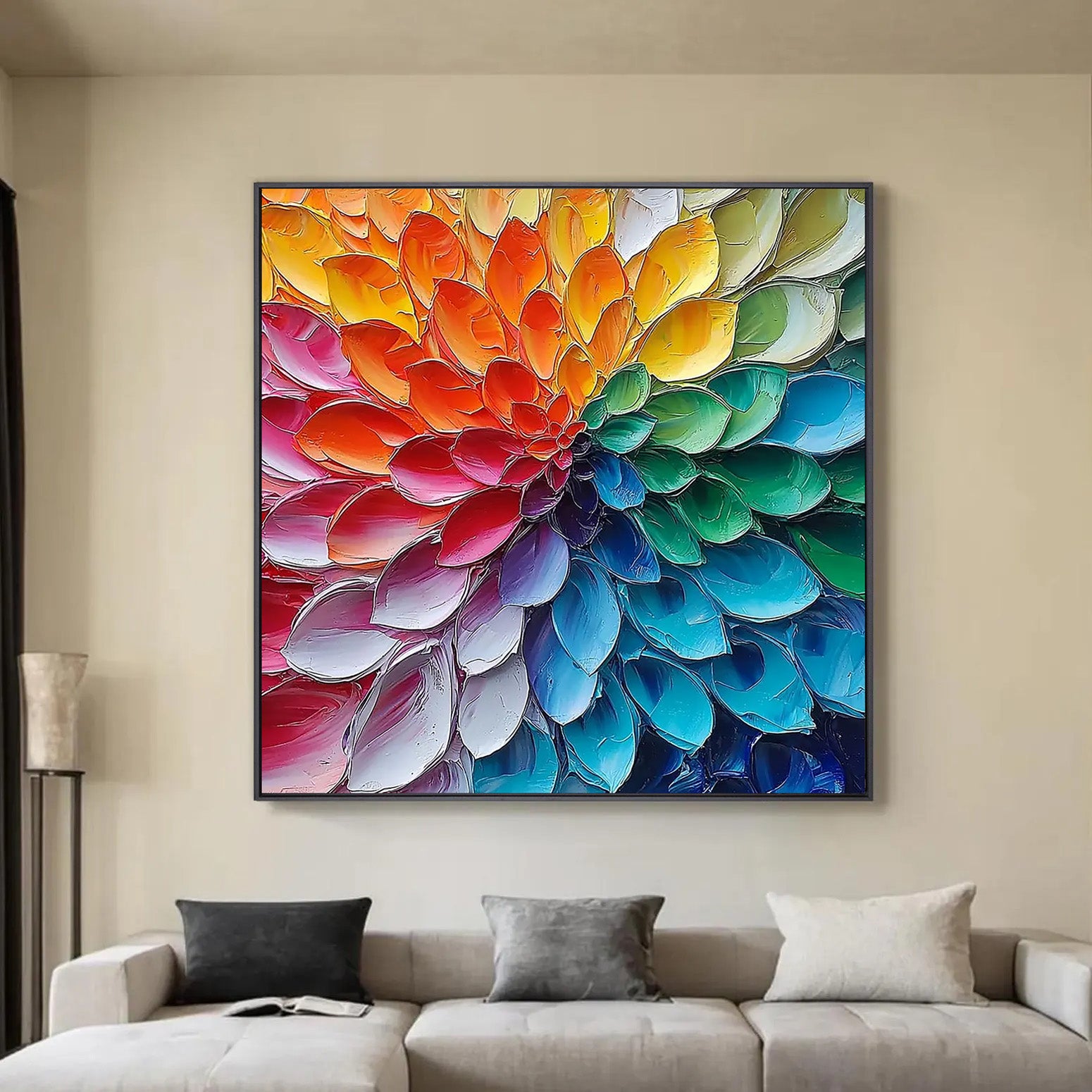 RAINBOW RADIANCE: Modern Square 3D Heavy Texture Abstract Wall Art, Vibrant Petal Relief Canvas