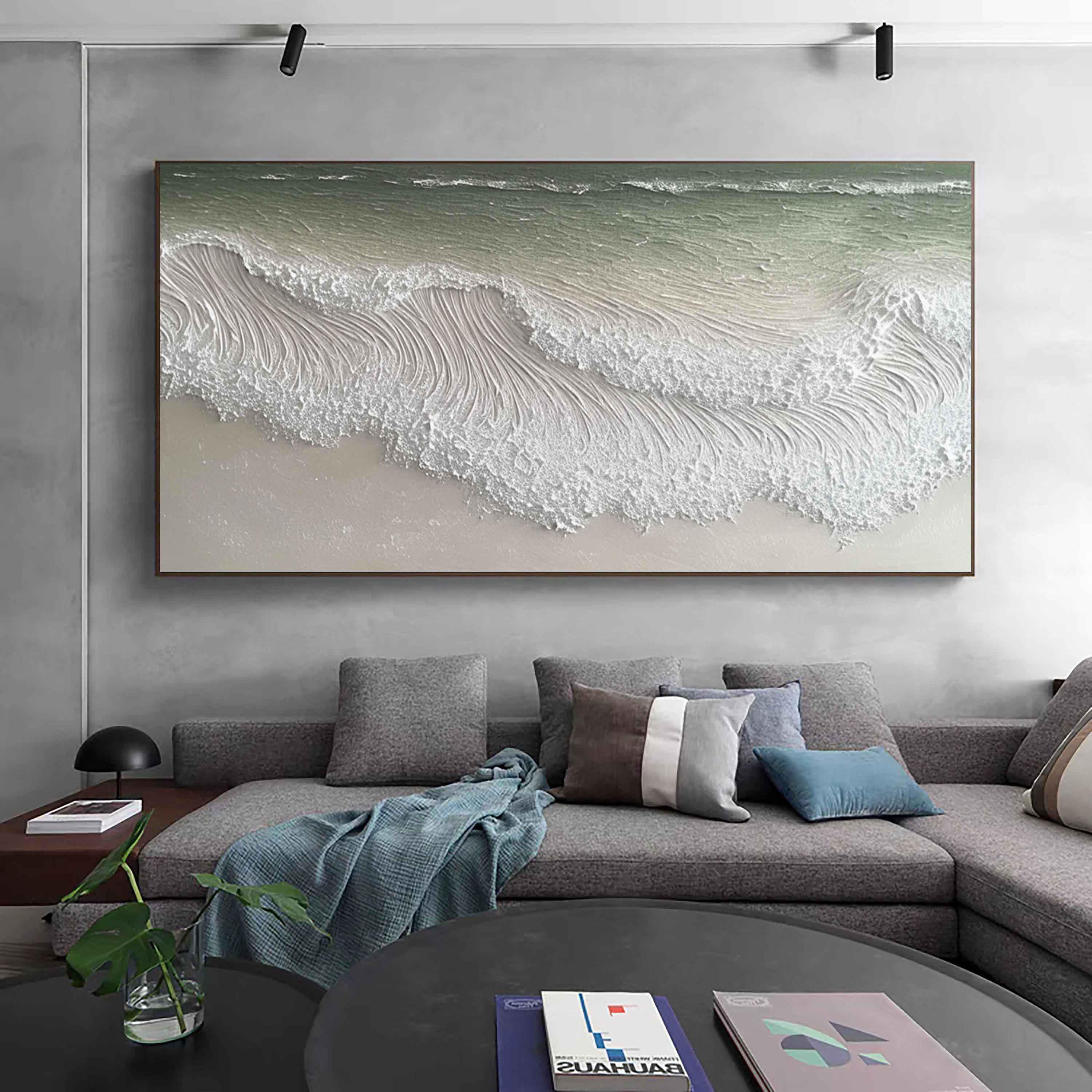 Ocean Froth – Hand-Painted Plaster Effect Sea Foam Wave Relief Seascape Painting | Coastal Modern Living Room & Bedroom Art