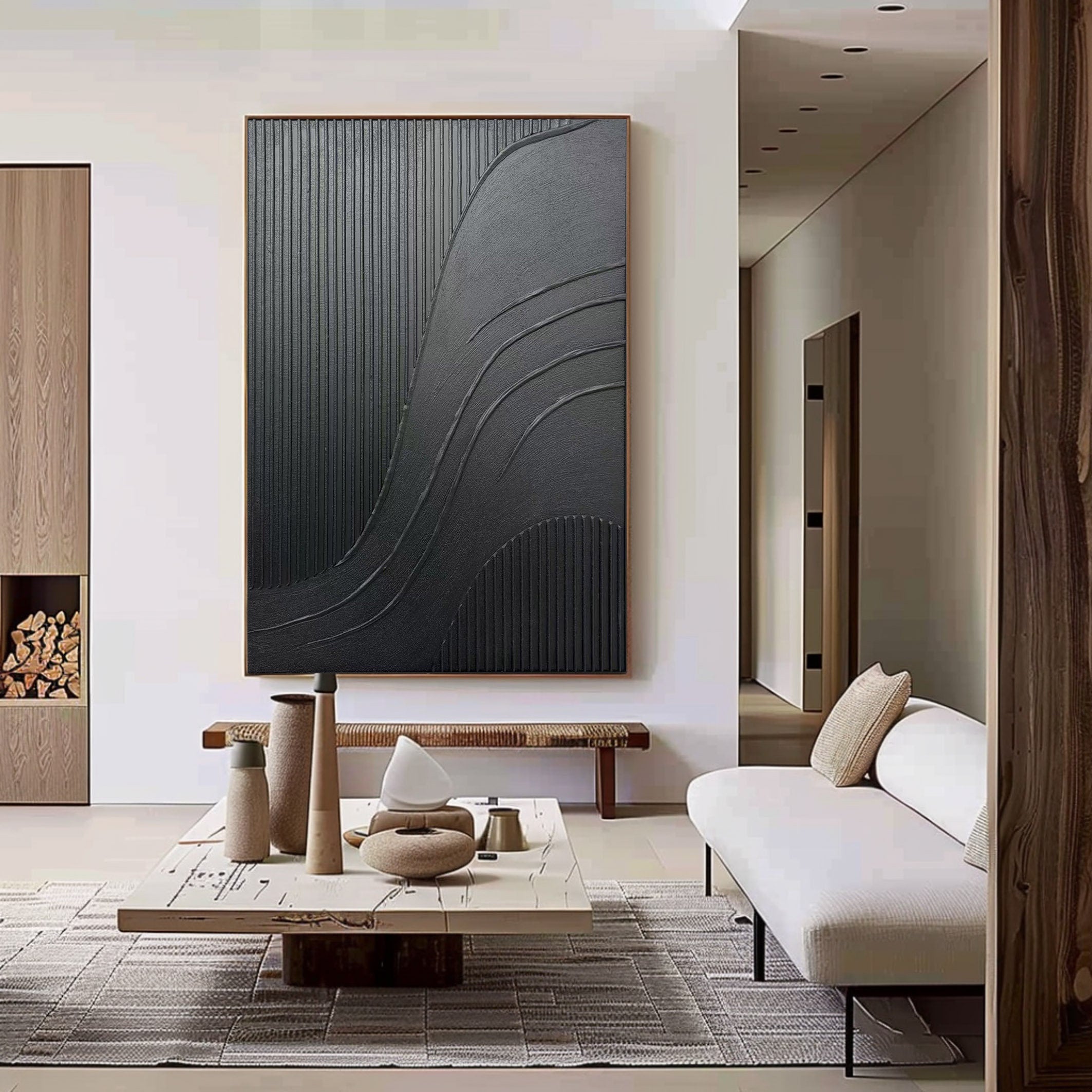 Obsidian Flow – Hand-Painted Pure Black Plaster Effect Multi-Layered Relief Wabi-Sabi Painting | Modern Noir Wabi-Sabi Living Room & Home Office Art
