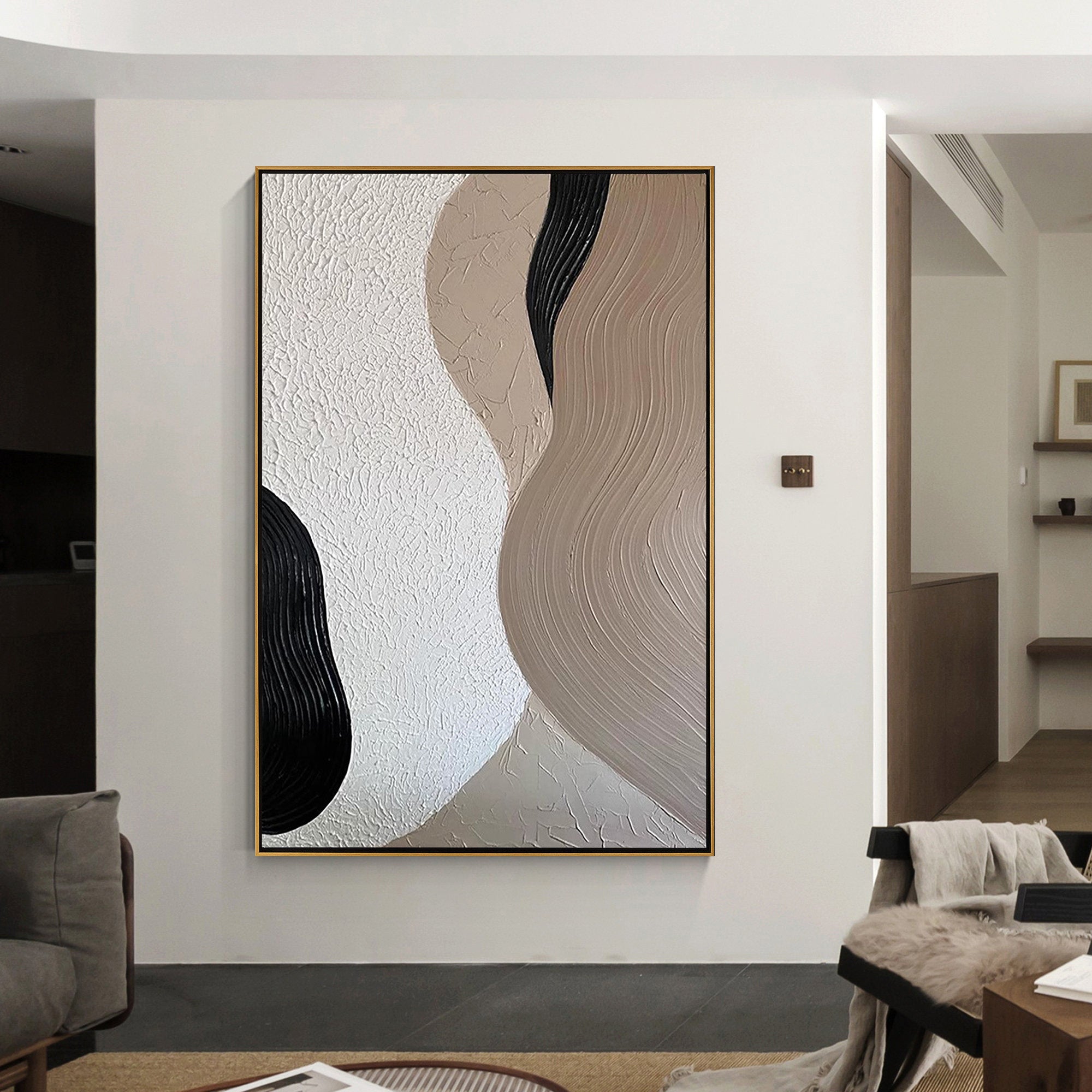 Earthen Flow – Neutral Sand & Espresso Plaster Relief Abstract Painting | Japandi Organic Wabi-Sabi Living Room & Hallway Art