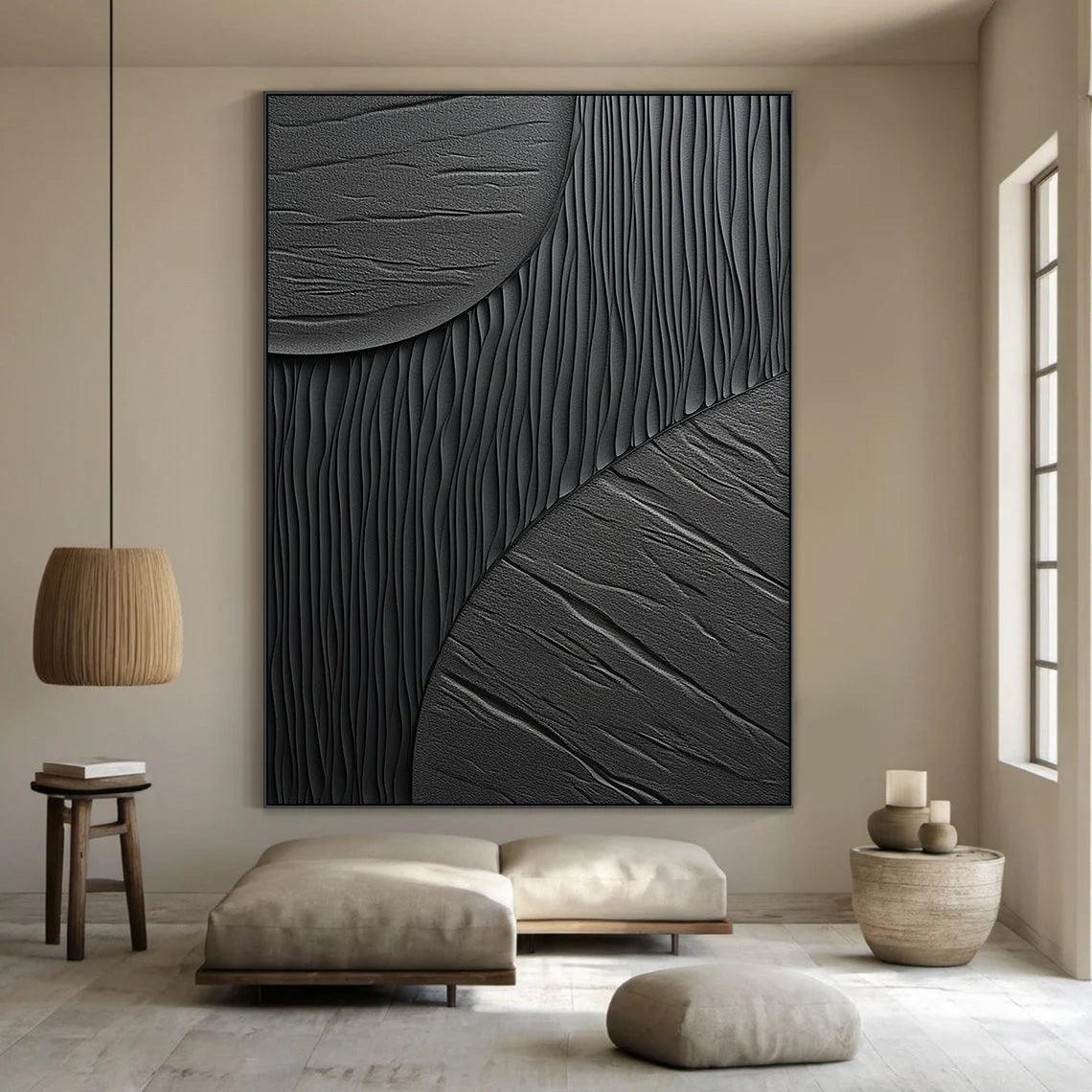 Shadow Texture – Hand-Painted All-Black Minimalist Mixed Plaster Relief Texture Painting | Bold Minimalist Bedroom & Home Office Art