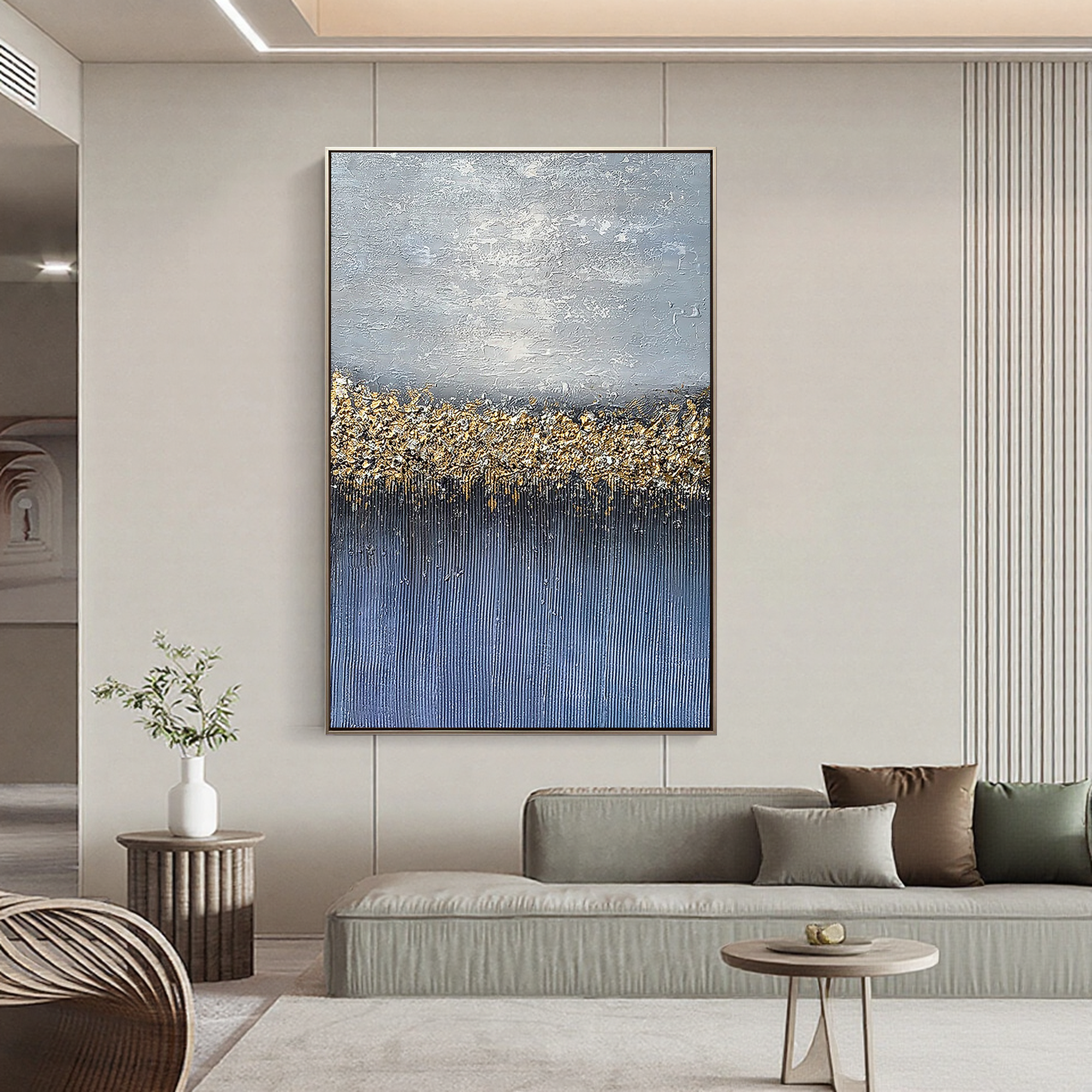 Galactic Reflection – Hand-Painted Navy Blue and Gold Foil Starry Sky 3D Plaster Effect Texture Painting | Coastal Modern Living Room & Bedroom Art