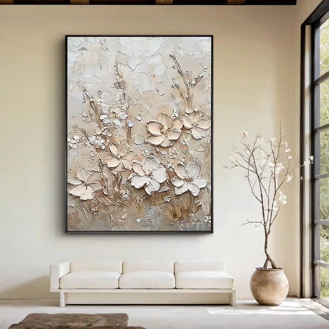 Ivory Blossoms – 3D Impasto Creamy White Floral Hand-Painted Plaster Effect Floral Painting | Soft Organic Botanical Bedroom & Living Room Art