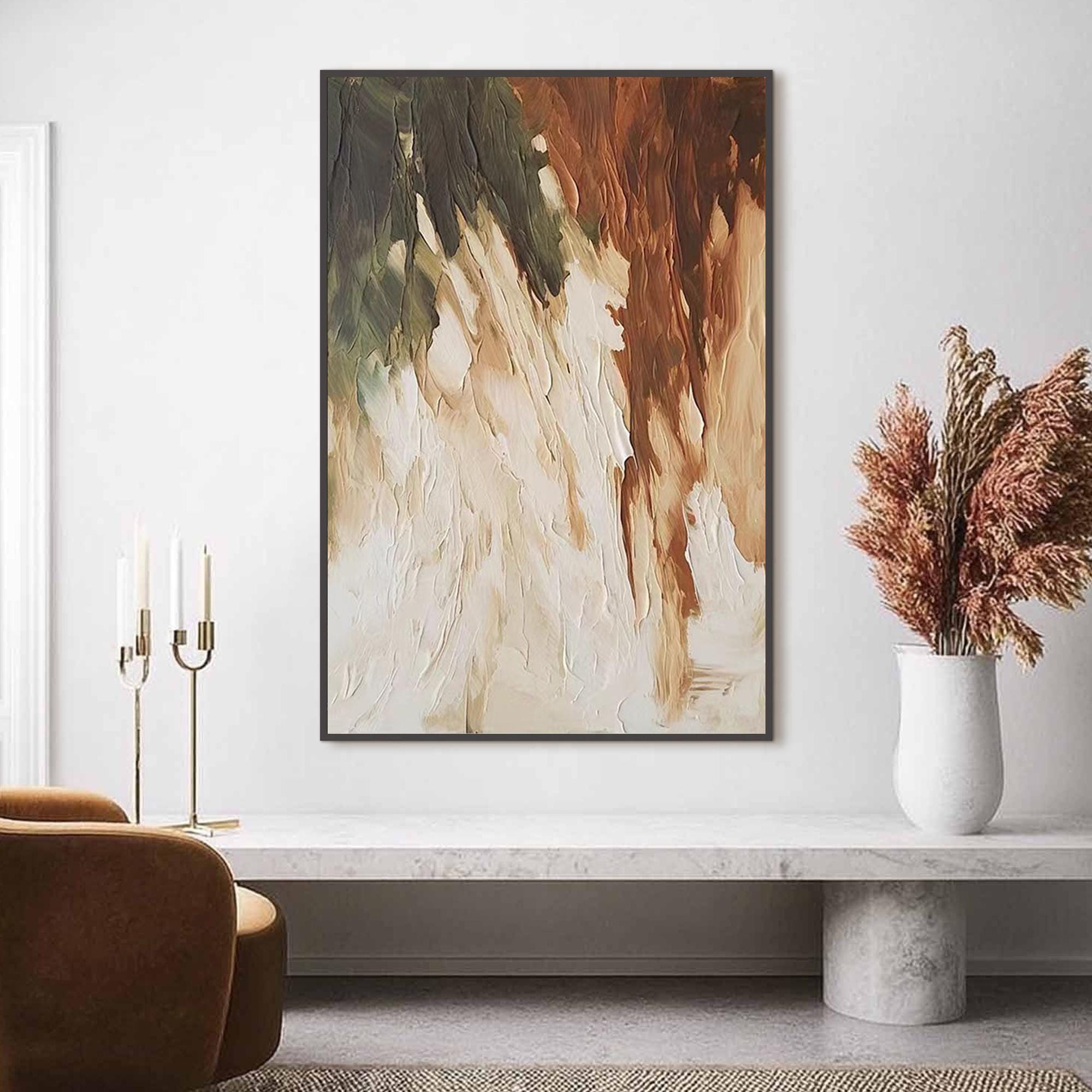Creamy Cascade – Hand-Painted Minimalist Cream and Tan Diagonal Palette Knife Texture Painting | Modern Minimalist Bedroom & Home Office Art