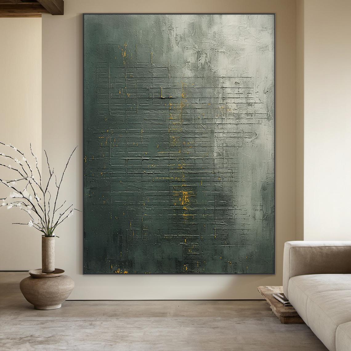 Golden Patina – Hand-Painted Distressed Dark Green Gold Foil Plaster Relief Wabi-Sabi Painting | Japandi Wabi-Sabi Living Room & Bedroom Art