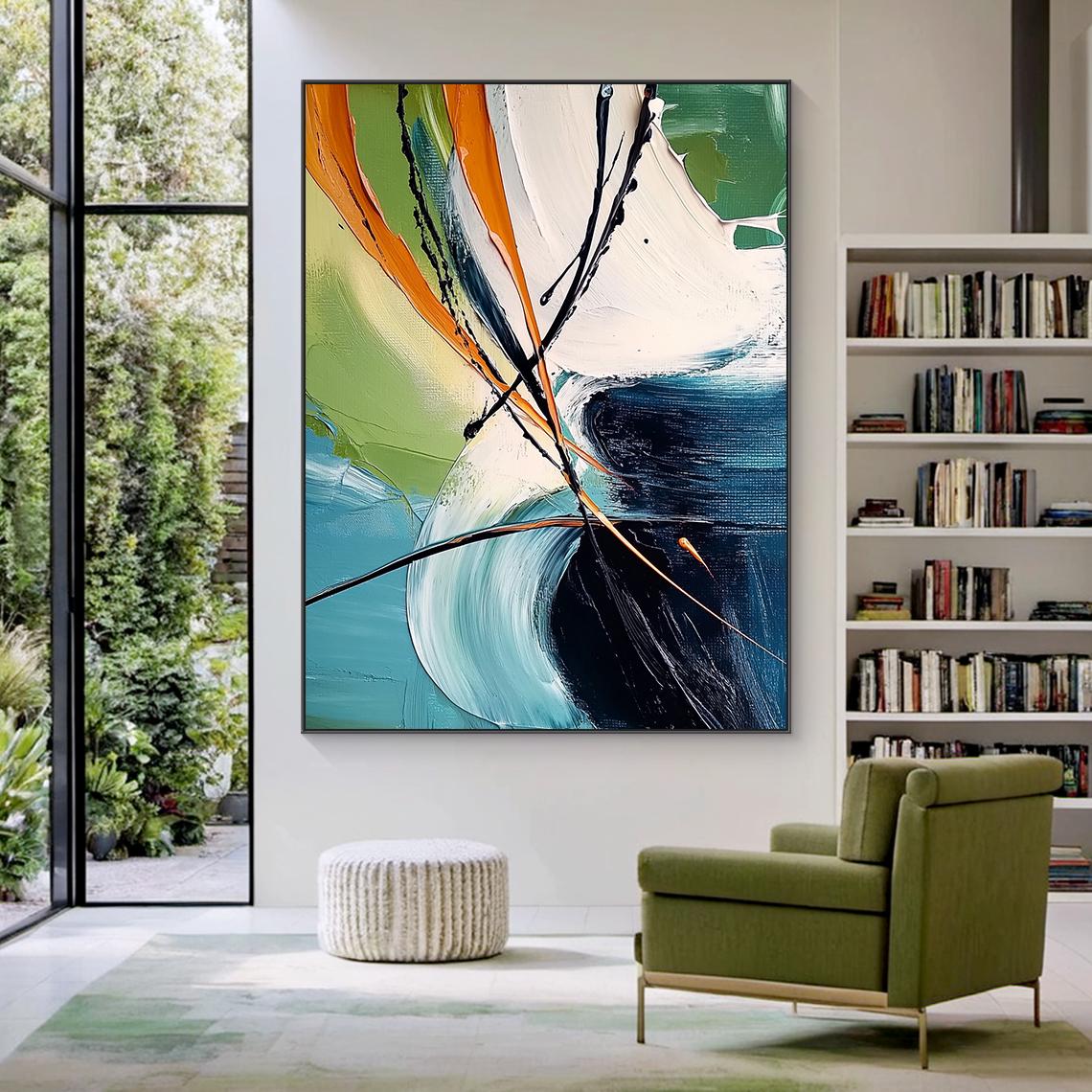 Urban Rhythm – Hand-Painted Modern Teal and Orange Large Brushstroke Abstract Painting | Modern Abstract Living Room & Office Art